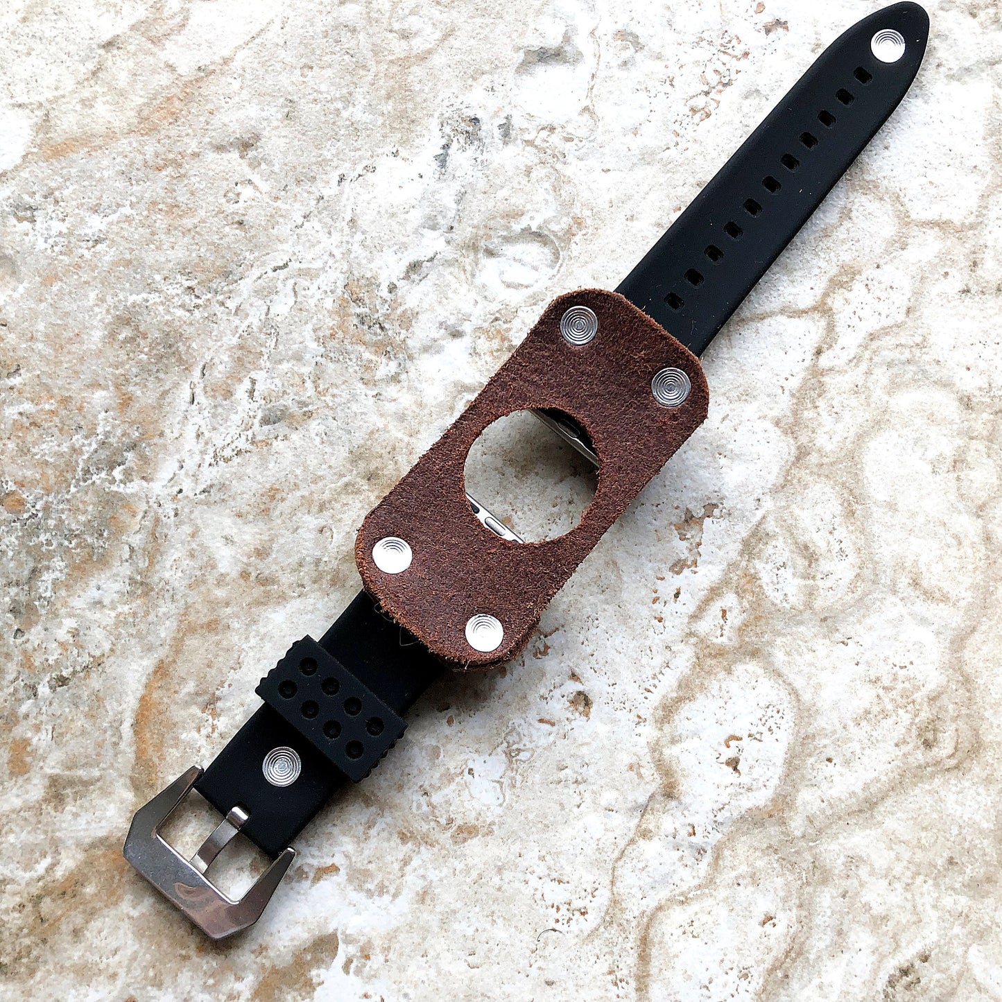 Apple Brown Leather with Black Rubber Band for iWatch Ultra 2 9 8 7 6 SE 5 4 3 2 1 Case 38mm 40 41mm 42mm 44mm 45mm 49mm Bracelet Strap Cuff