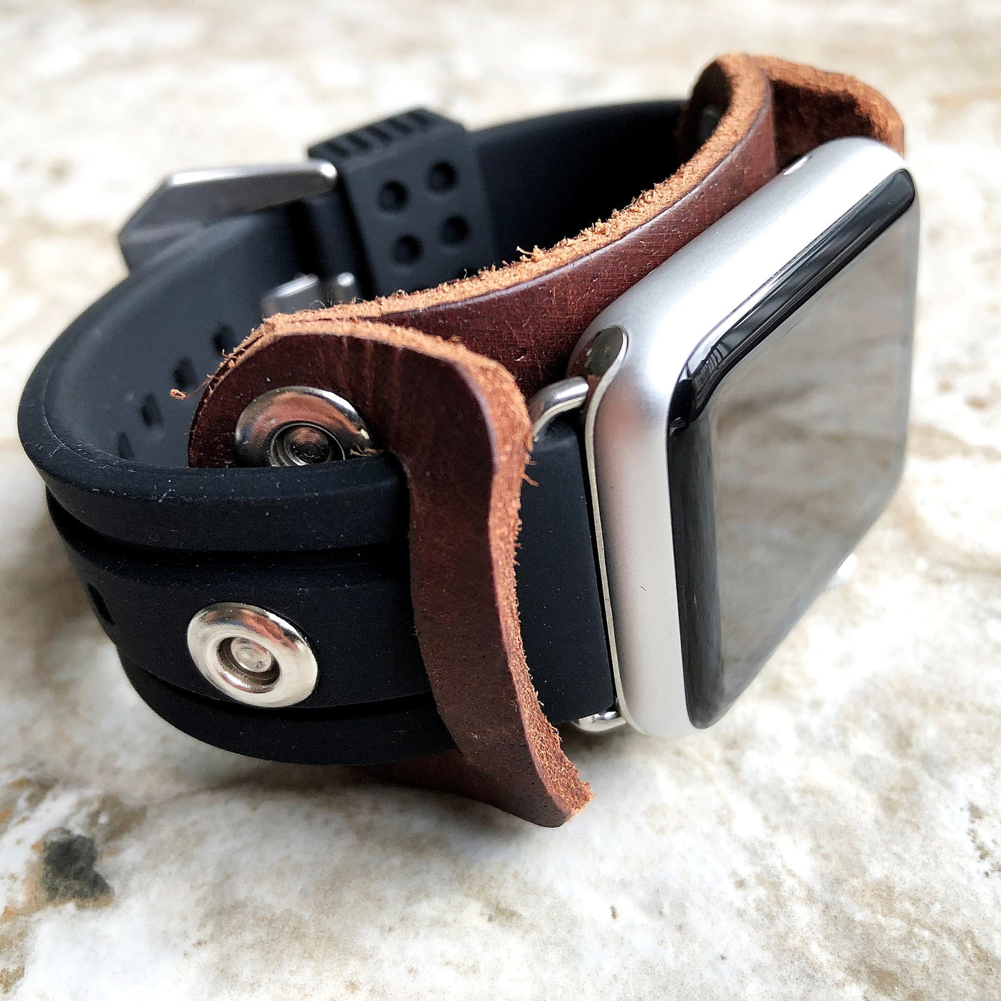 Apple Brown Leather with Black Rubber Band for iWatch Ultra 2 9 8 7 6 SE 5 4 3 2 1 Case 38mm 40 41mm 42mm 44mm 45mm 49mm Bracelet Strap Cuff