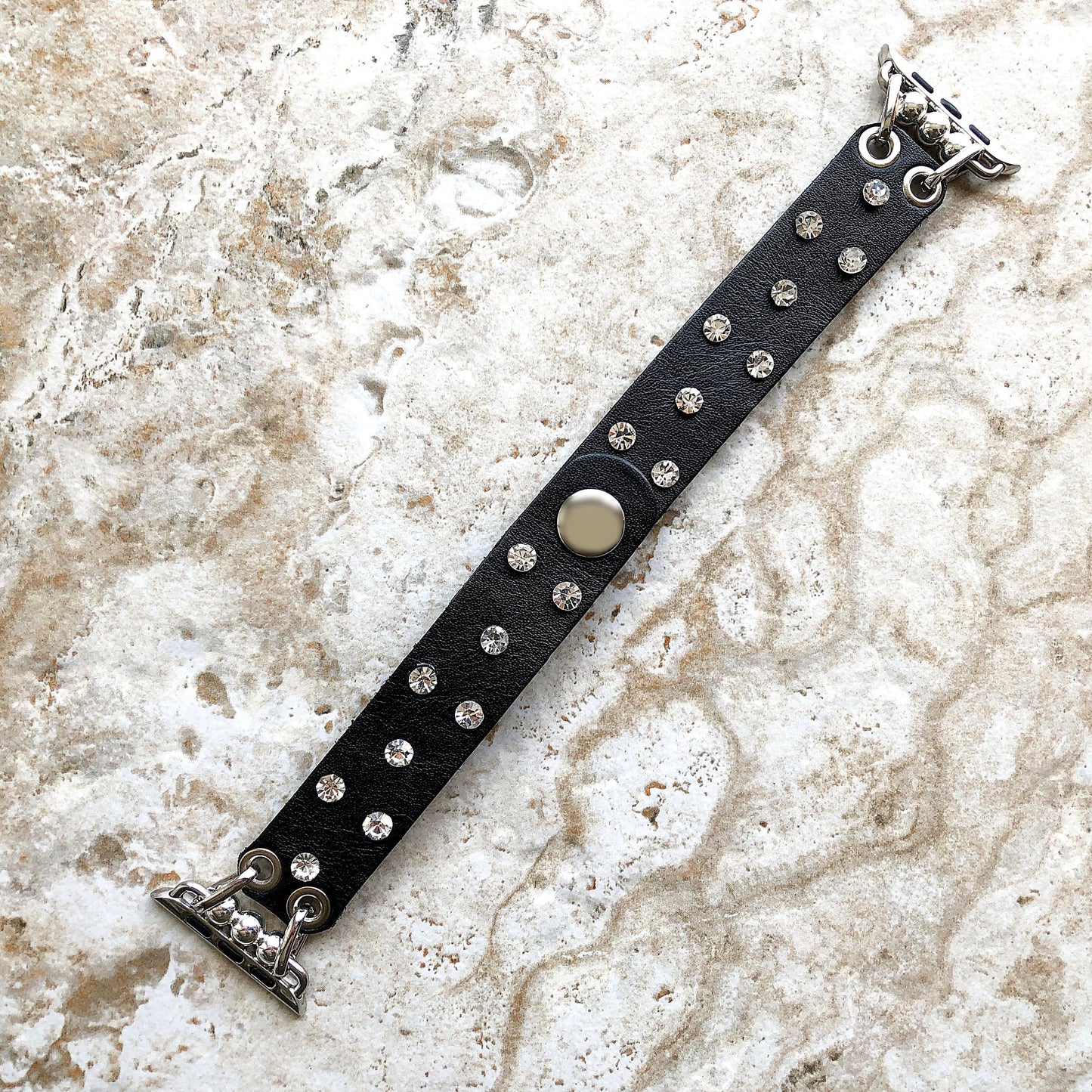 Apple Watch Ultra 2 and 9 8 Series Black Leather Bracelet Band with Crystals for iWatch 41mm 45mm 49mm Handmade Strap BL20-CLC5