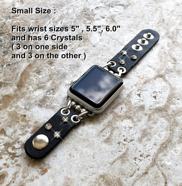 Apple Watch Ultra 2 and 9 8 Series Black Leather Bracelet Band with Crystals for iWatch 41mm 45mm 49mm Handmade Strap BL20-CLC5