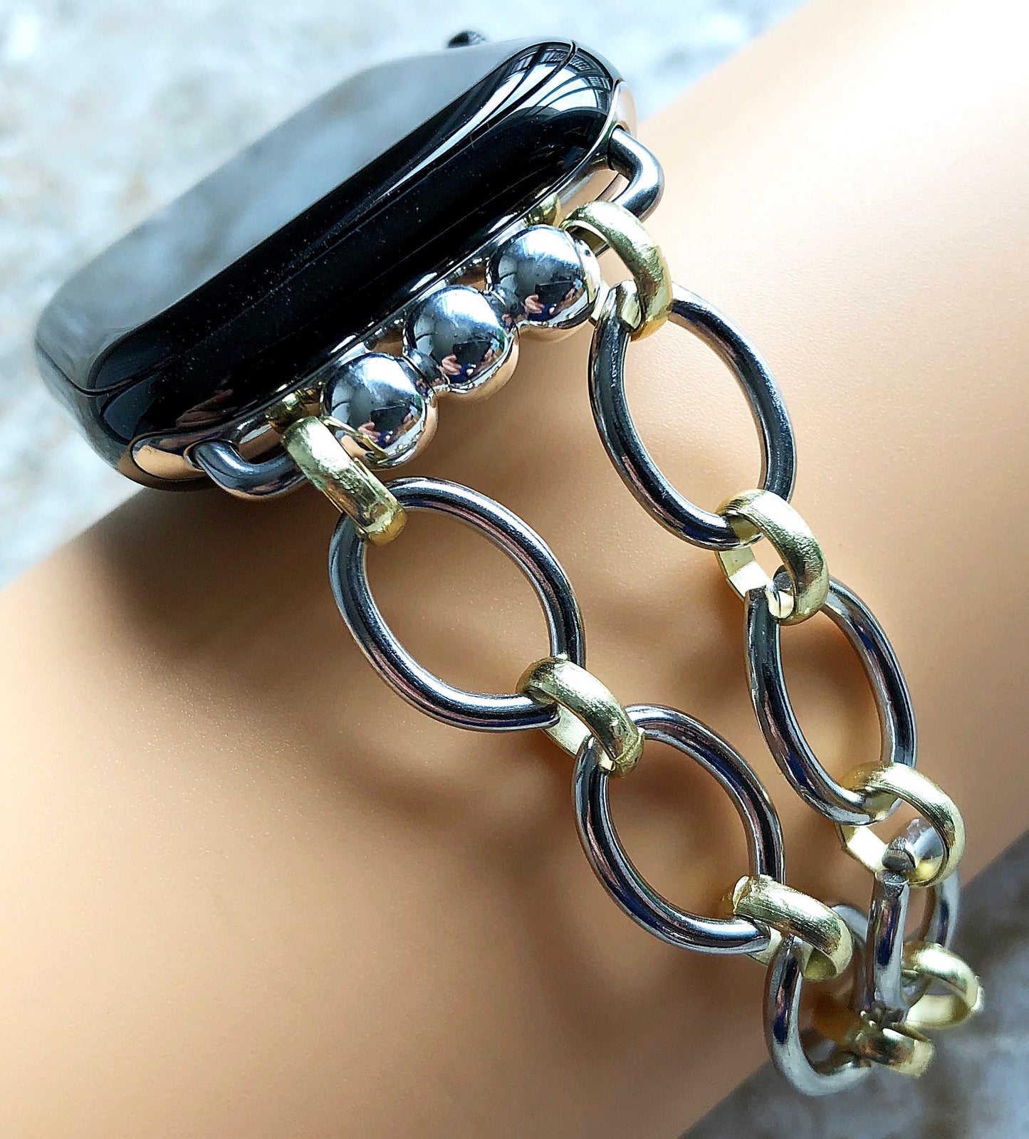 Apple Watch Ultra 2 and 9 8 Series Bracelet for iWatch 41mm 45mm 49mm Case Handmade Ellipses and Circles Gold and Silver Color Band Strap