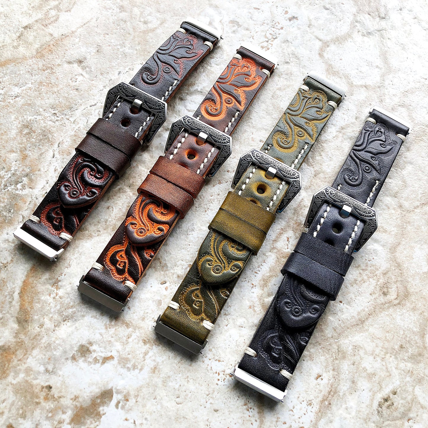 Band for Fitbit Versa 2 3 4 Sense 2 Dark Brown Tooled Embossed Leather Bracelet Watch Strap Quick Release Adapters Silver Rose Gold Black