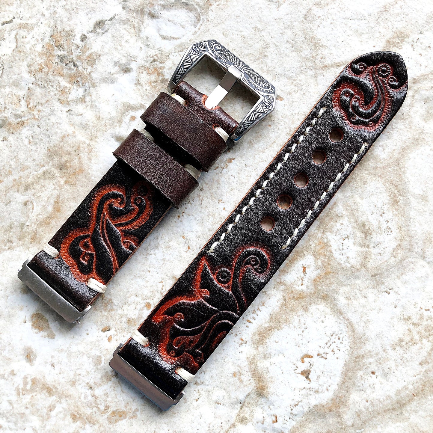 Band for Fitbit Versa 2 3 4 Sense 2 Dark Brown Tooled Embossed Leather Bracelet Watch Strap Quick Release Adapters Silver Rose Gold Black