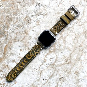 Band for Fitbit Versa 2 3 4 Sense 2 Green Yellow Tooled Embossed Leather Bracelet Watch Strap Quick Release Adapters Silver Rose Gold Black