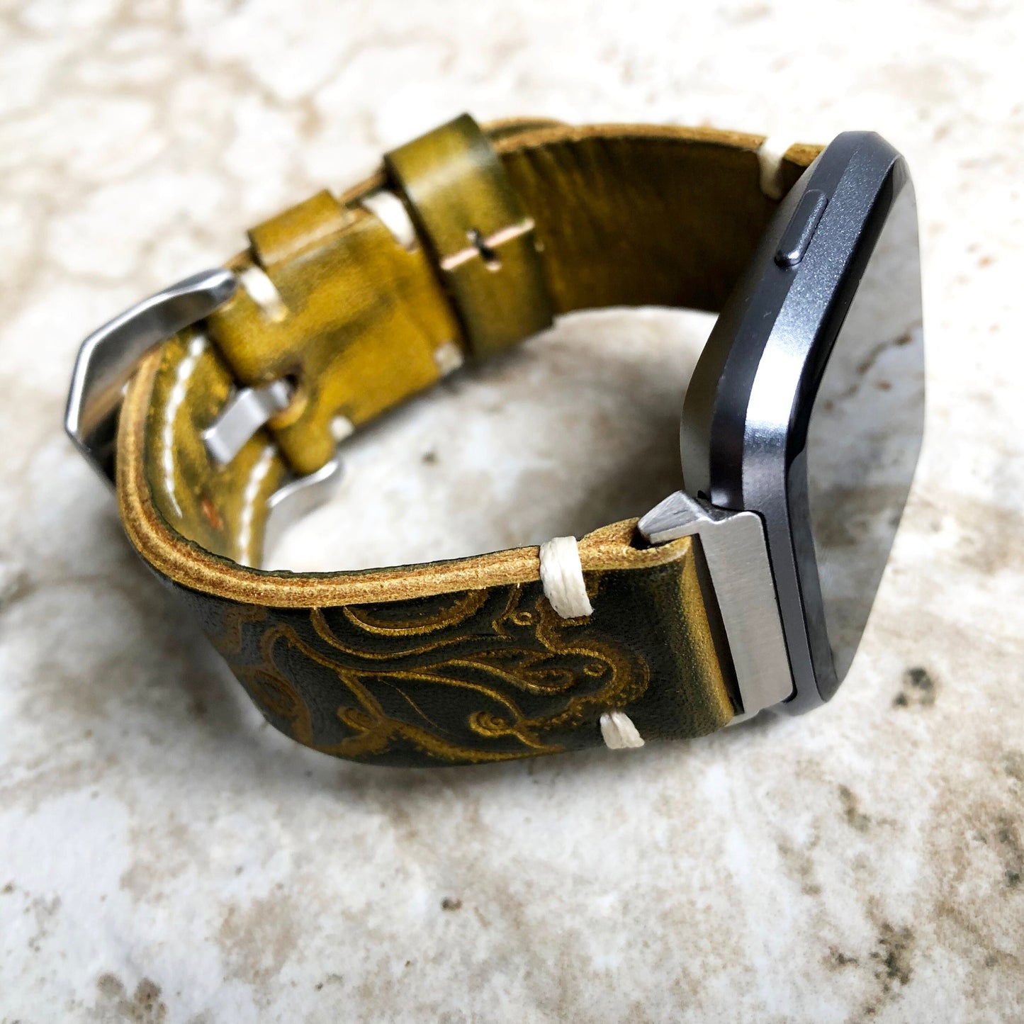 Band for Fitbit Versa 2 3 4 Sense 2 Green Yellow Tooled Embossed Leather Bracelet Watch Strap Quick Release Adapters Silver Rose Gold Black