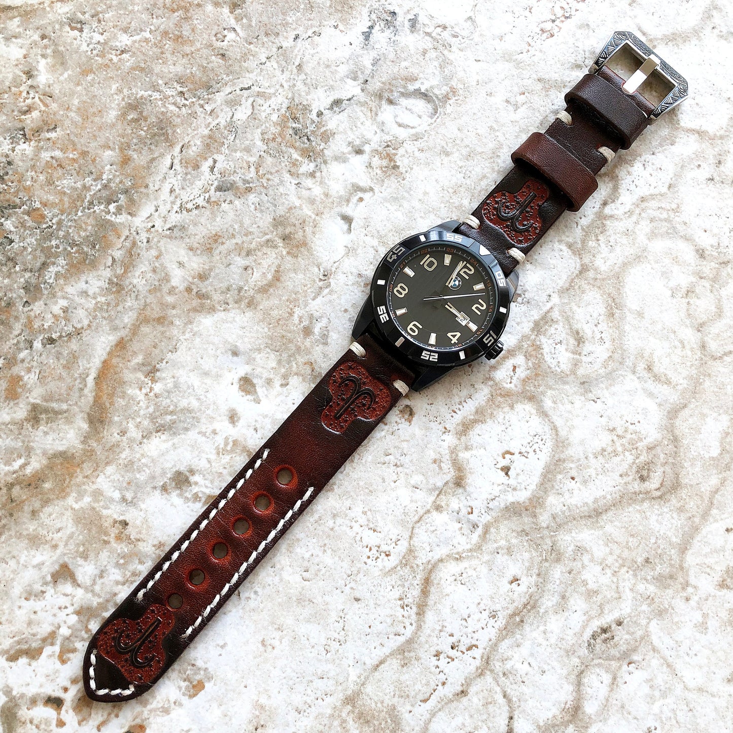 Aries Zodiac Band 22mm 24mm 25mm Genuine Brown Leather Tooled Embossed Handmade Strap Bracelet Kit for Watches and 25" Pendants Necklace
