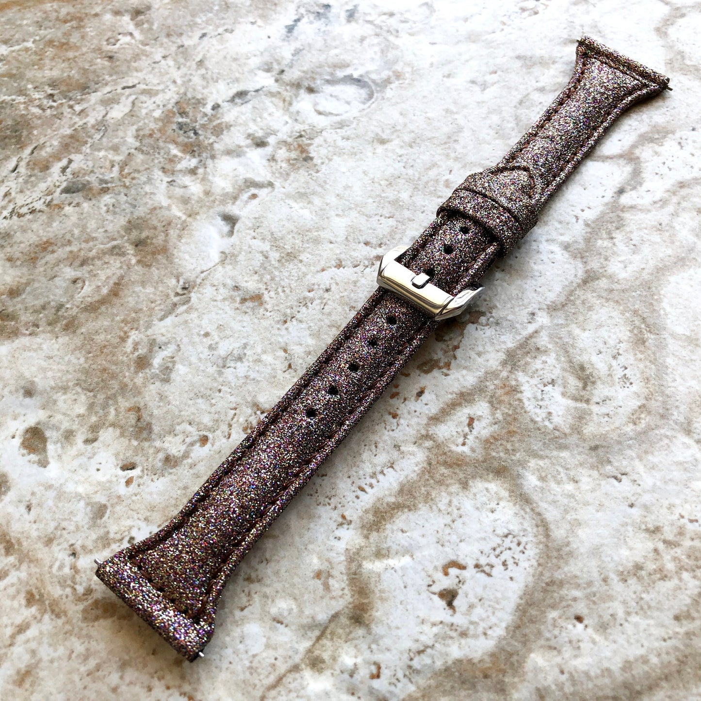 Fitbit Versa 2 3 4 Sense 2 Band Brown Sparkling Glitter Slim Elegant Soft Leather Strap with Stitching Details and Quick Release Attachments