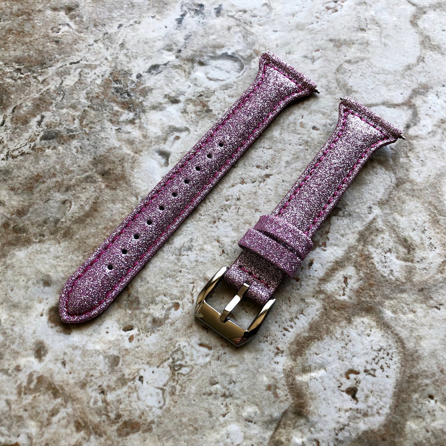Fitbit Versa 2 3 4 Sense 2 Band Pink Sparkling Glitter Slim Elegant Soft Leather Strap with Stitching Details and Quick Release Attachments