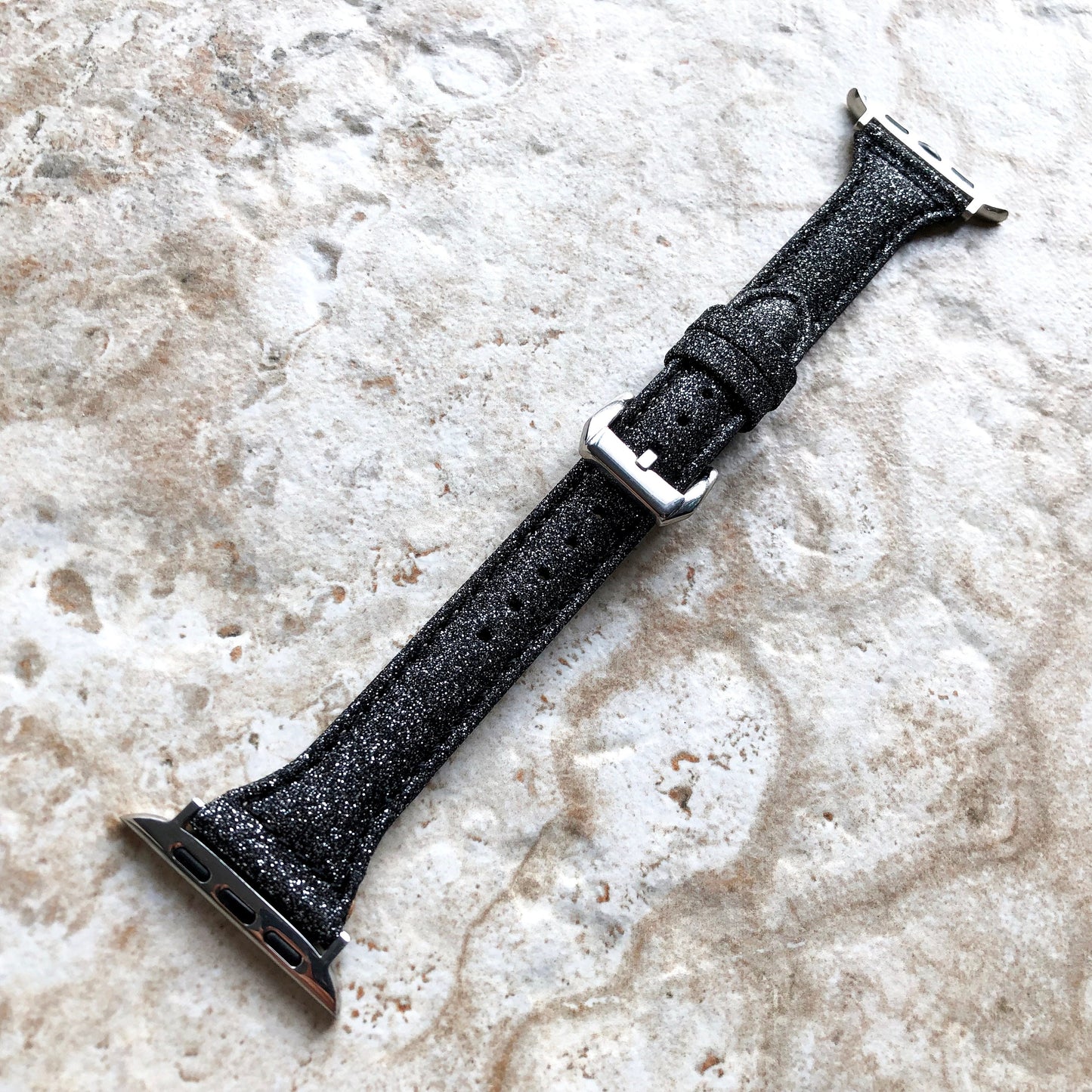 Apple Black Sparkling Glitter Slim Elegant Leather Band Strap Bracelet for iWatch All Series 38mm 40mm 41mm 42mm 44mm 45mm 49mm