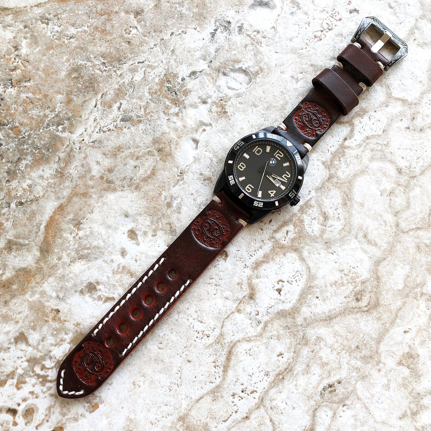 Cancer Zodiac Band 22mm 24mm 25mm Genuine Brown Leather Tooled Embossed Handmade Strap Bracelet Kit for Watches and 25" Pendants Necklace
