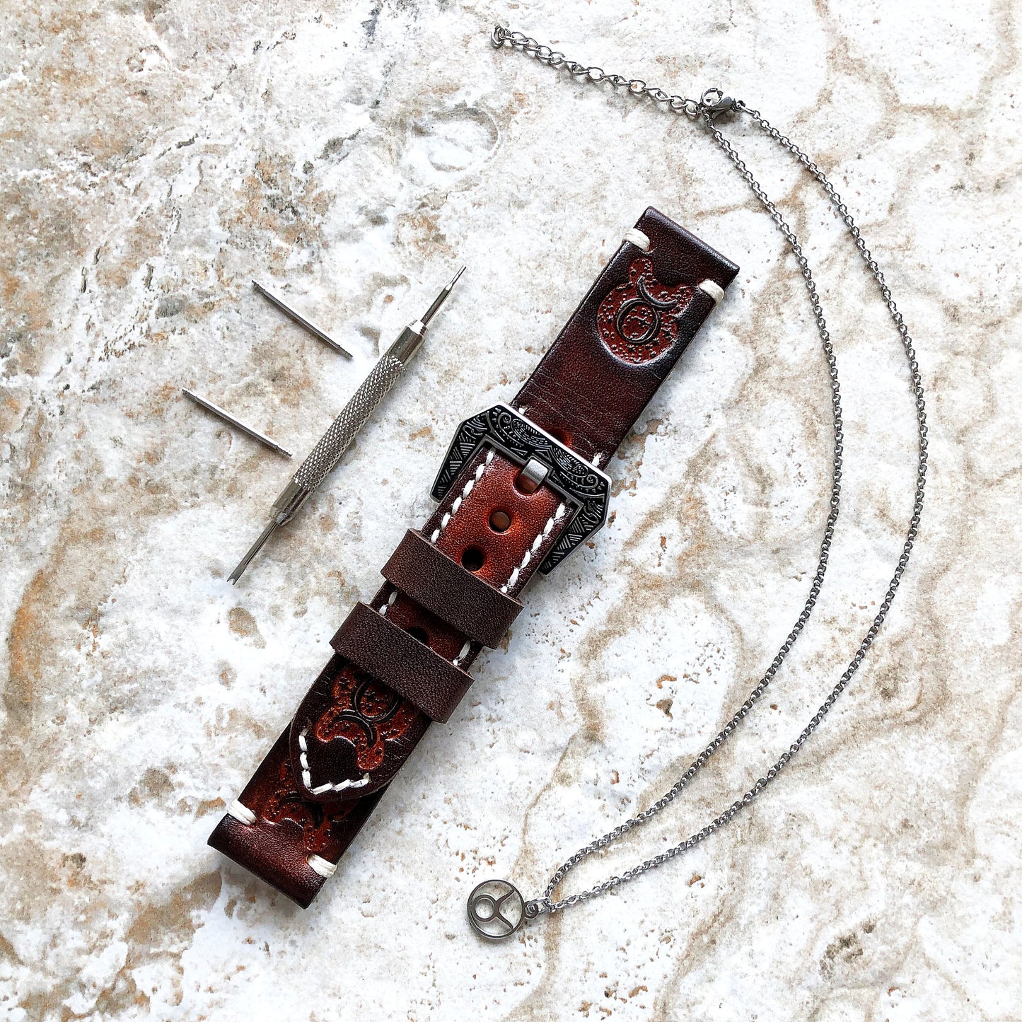 Taurus Zodiac Band 22mm 24mm 25mm Genuine Brown Leather Tooled Embossed Handmade Strap Bracelet Kit for Watches and 25" Pendants Necklace