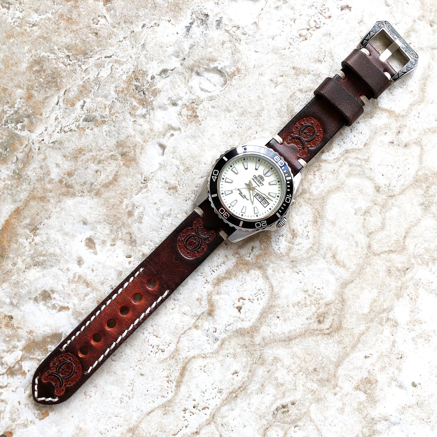 Taurus Zodiac Band 22mm 24mm 25mm Genuine Brown Leather Tooled Embossed Handmade Strap Bracelet Kit for Watches and 25" Pendants Necklace