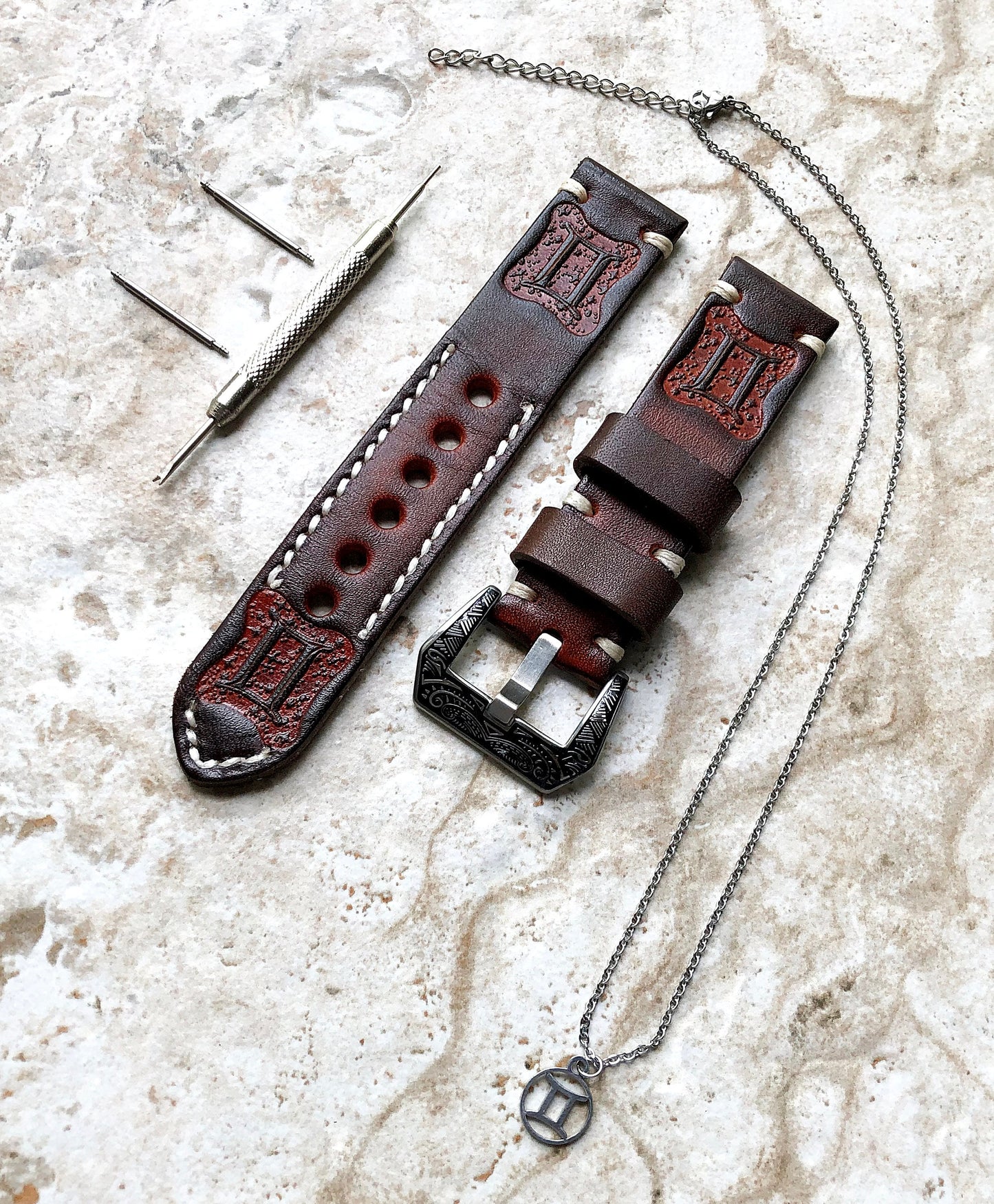 Gemini Zodiac Band 22mm 24mm 25mm Genuine Brown Leather Tooled Embossed Handmade Strap Bracelet Kit for Watches and 25" Pendants Necklace
