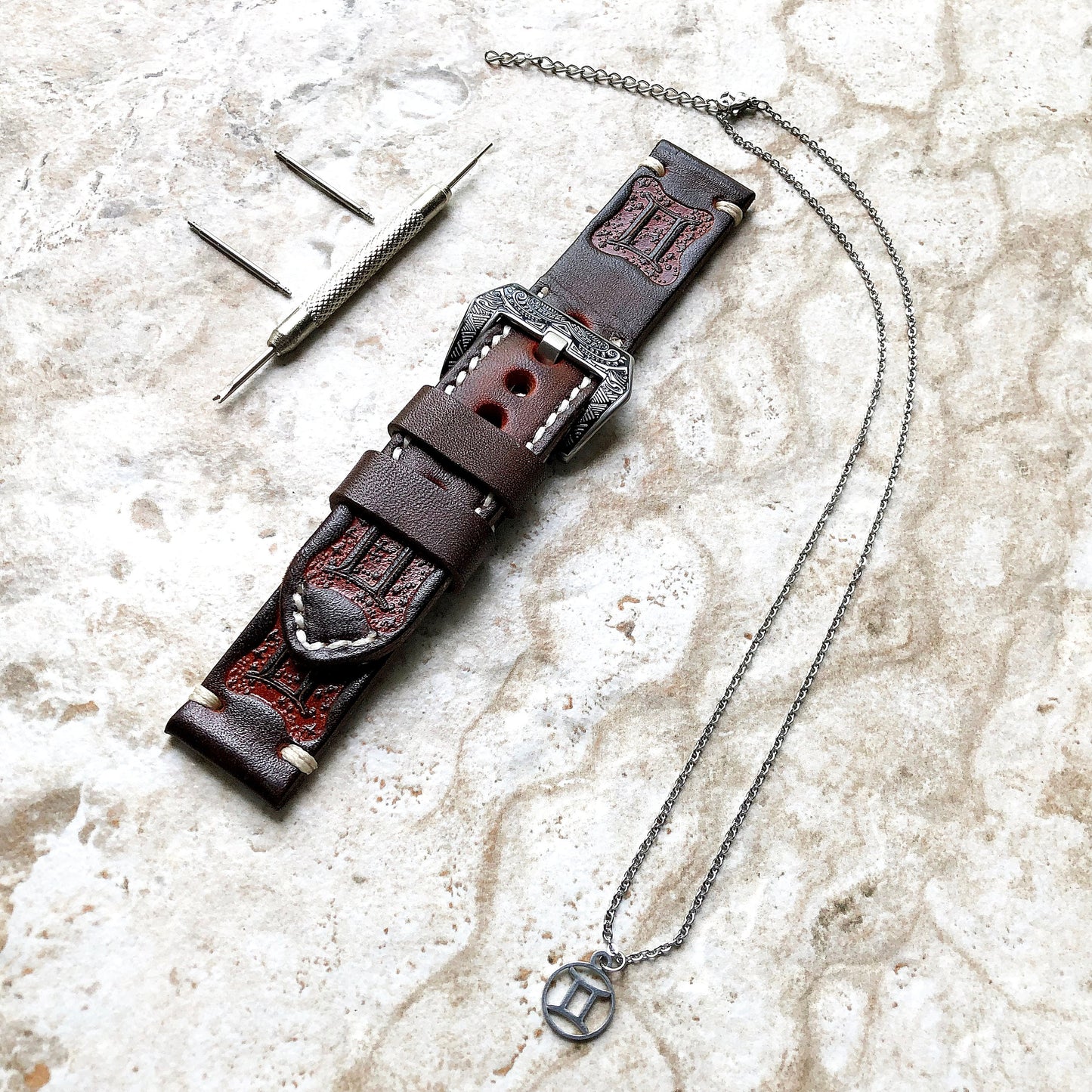 Gemini Zodiac Band 22mm 24mm 25mm Genuine Brown Leather Tooled Embossed Handmade Strap Bracelet Kit for Watches and 25" Pendants Necklace