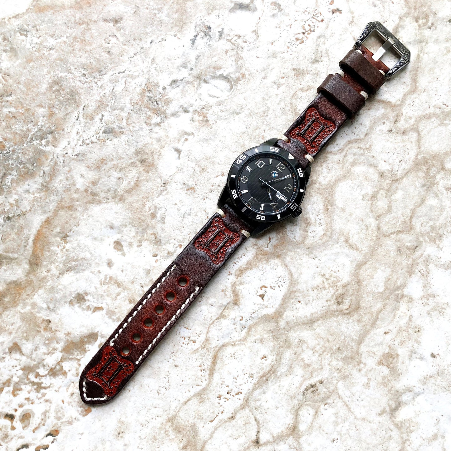 Gemini Zodiac Band 22mm 24mm 25mm Genuine Brown Leather Tooled Embossed Handmade Strap Bracelet Kit for Watches and 25" Pendants Necklace