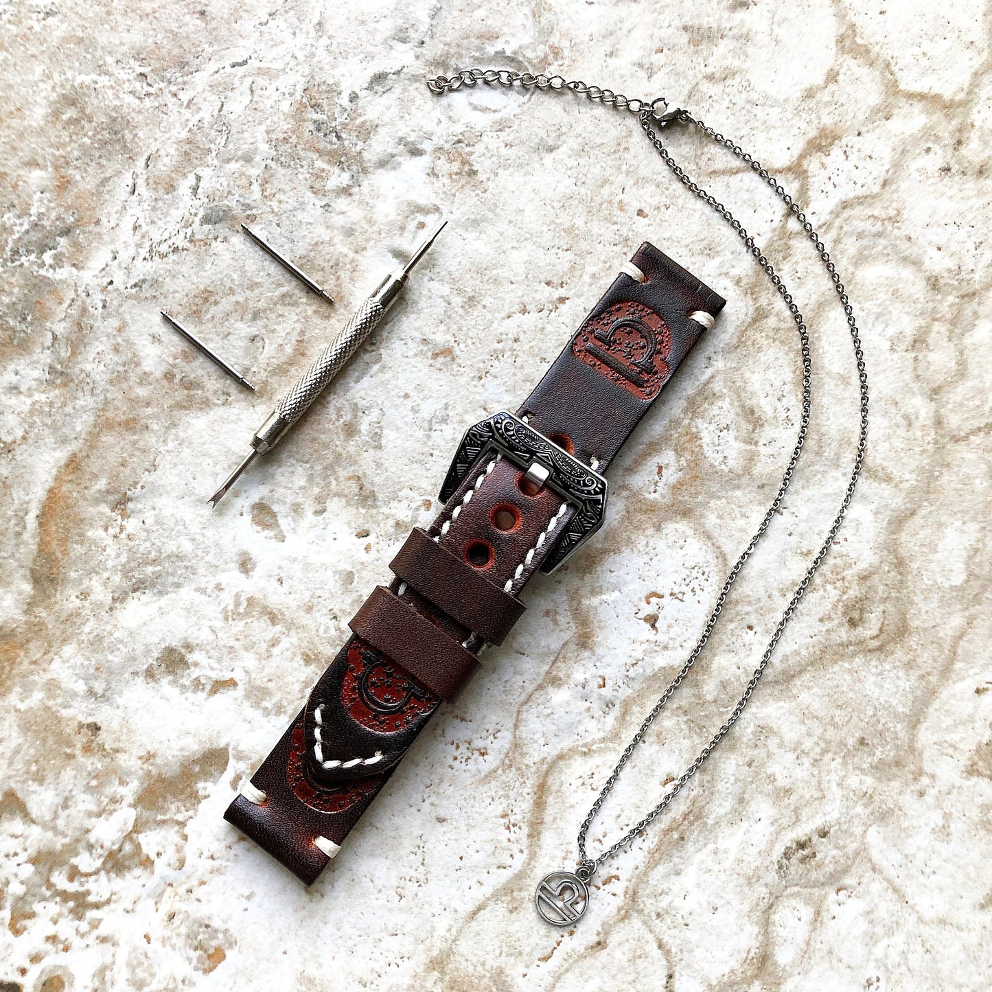 Libra Zodiac Band 22mm 24mm 25mm Genuine Brown Leather Tooled Embossed Handmade Strap Bracelet Kit for Watches and 25" Pendants Necklace