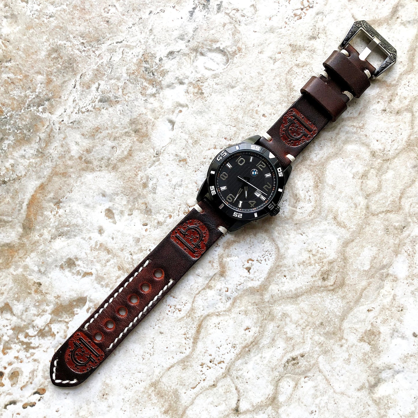 Libra Zodiac Band 22mm 24mm 25mm Genuine Brown Leather Tooled Embossed Handmade Strap Bracelet Kit for Watches and 25" Pendants Necklace