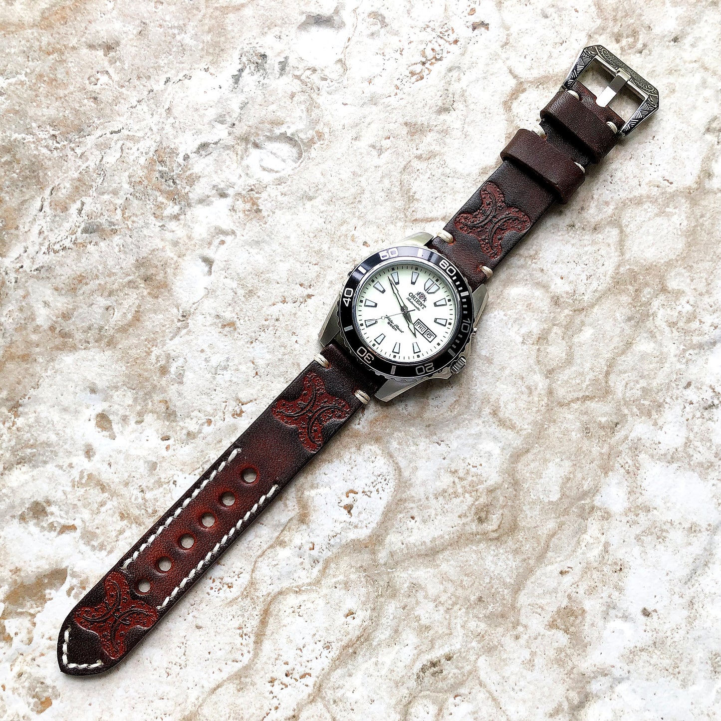 Pisces Zodiac Band 22mm 24mm 25mm Genuine Brown Leather Tooled Embossed Handmade Strap Bracelet Kit for Watches and 25" Pendants Necklace