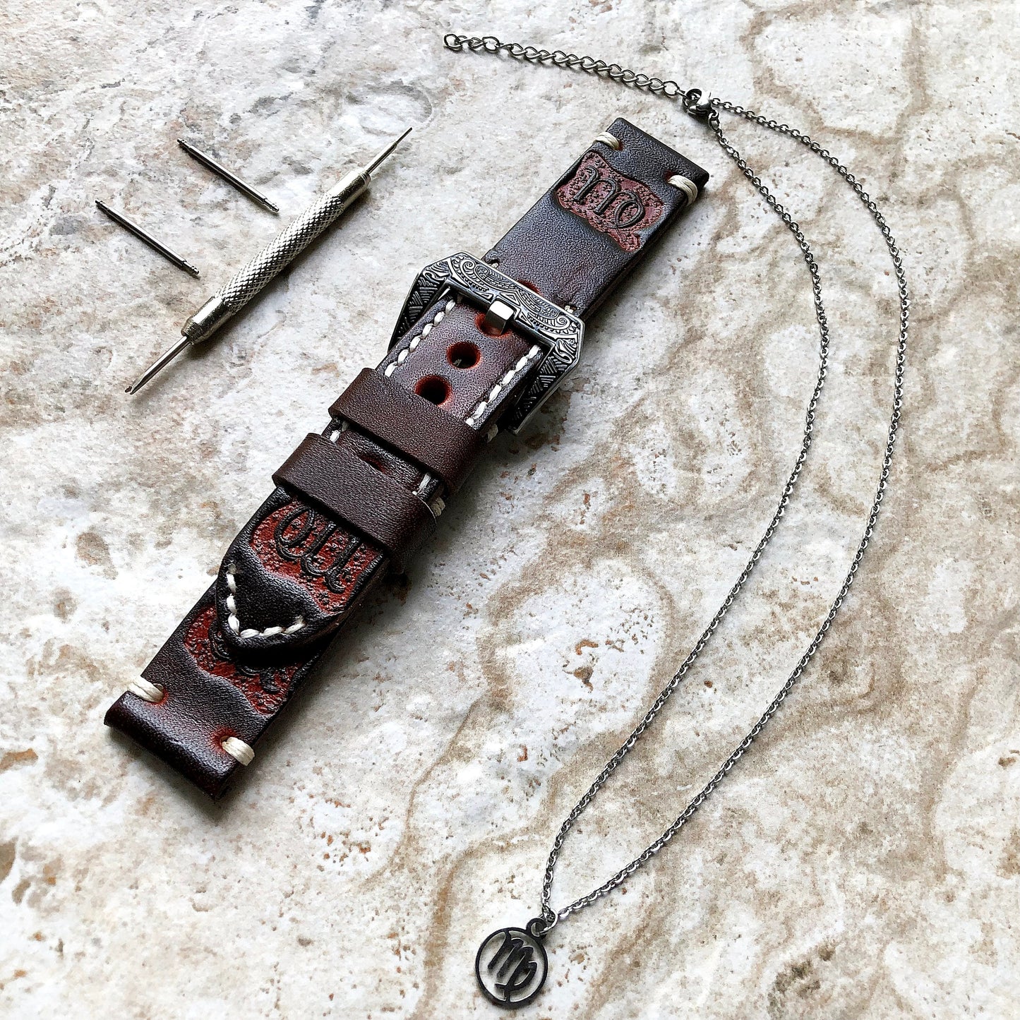 Virgo Zodiac Band 22mm 24mm 25mm Genuine Brown Leather Tooled Embossed Handmade Strap Bracelet Kit for Watches and 25" Pendants Necklace