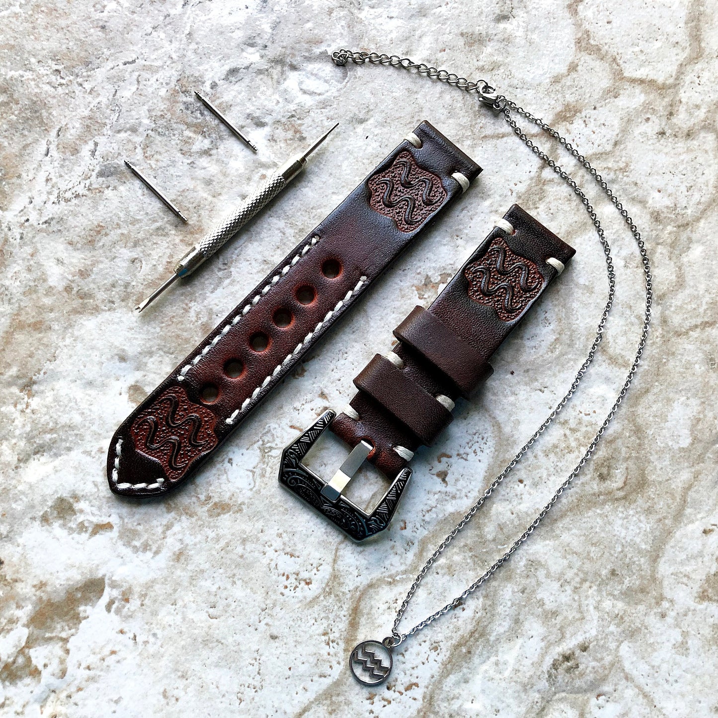 Aquarius Zodiac Band 22mm 24mm 25mm Genuine Brown Leather Tooled Embossed Handmade Strap Bracelet Kit for Watches and 25" Pendants Necklace