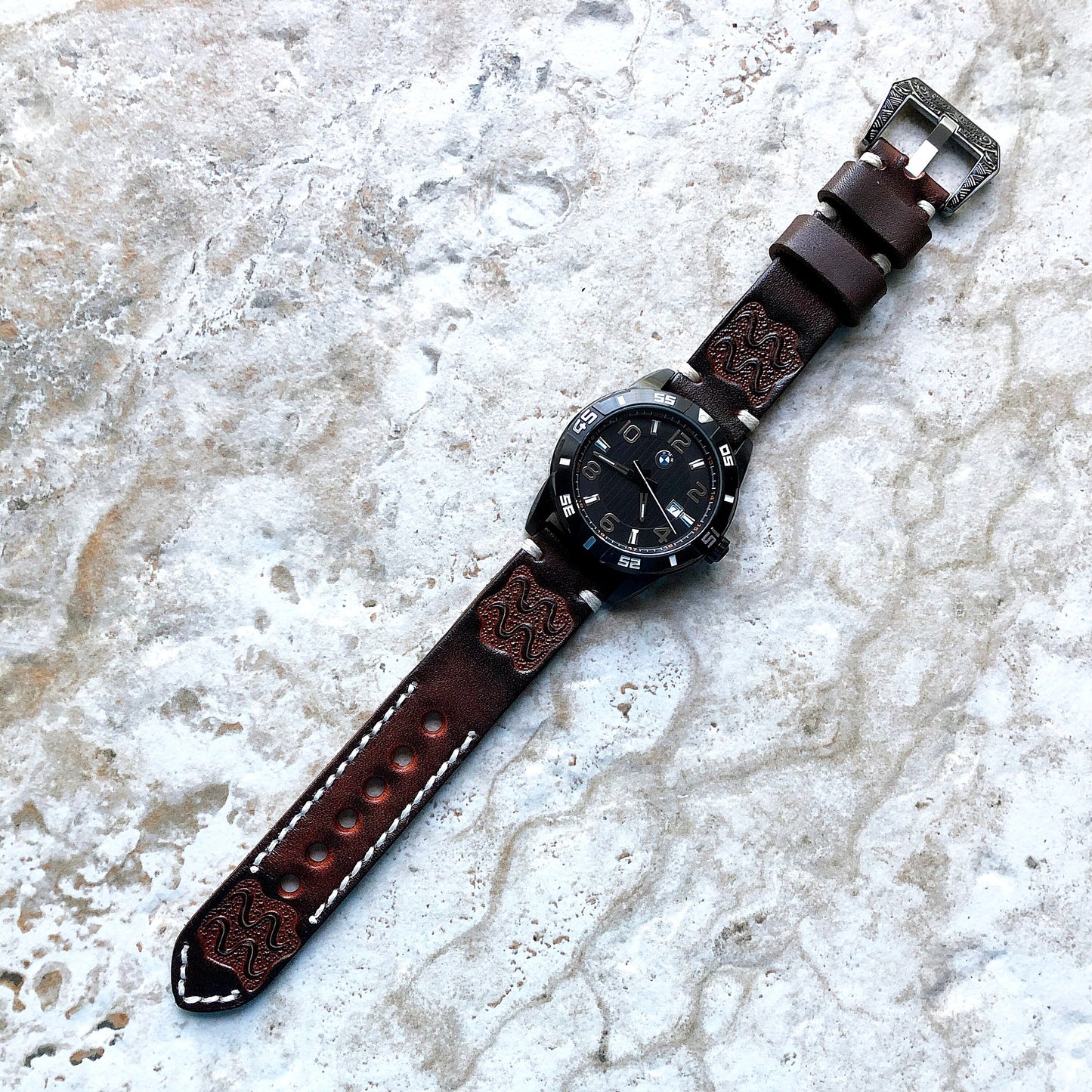 Aquarius Zodiac Band 22mm 24mm 25mm Genuine Brown Leather Tooled Embossed Handmade Strap Bracelet Kit for Watches and 25" Pendants Necklace