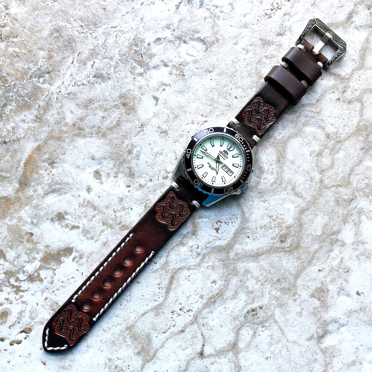 Aquarius Zodiac Band 22mm 24mm 25mm Genuine Brown Leather Tooled Embossed Handmade Strap Bracelet Kit for Watches and 25" Pendants Necklace