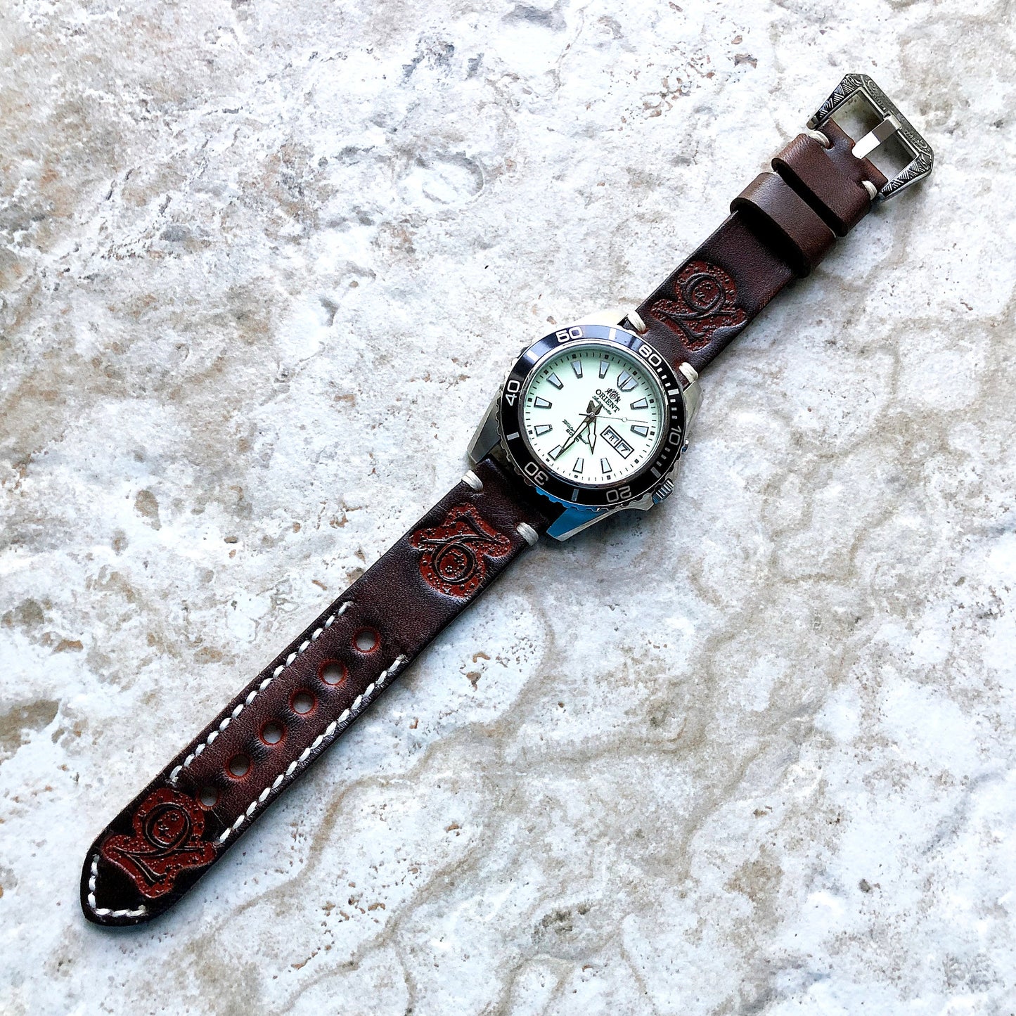 Capricorn Zodiac Band 22mm 24mm 25mm Genuine Brown Leather Tooled Embossed Handmade Strap Bracelet Kit for Watches and 25" Pendants Necklace
