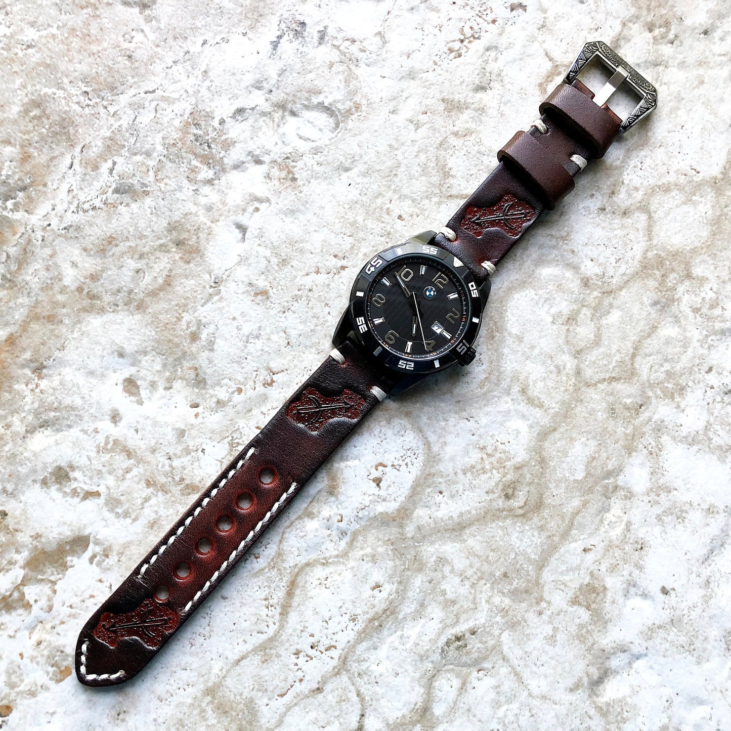 Sagittarius Zodiac Band 22mm 24mm 25mm Genuine Brown Leather Tooled Embossed Strap Bracelet Kit for Watches and 25" Pendants Necklace