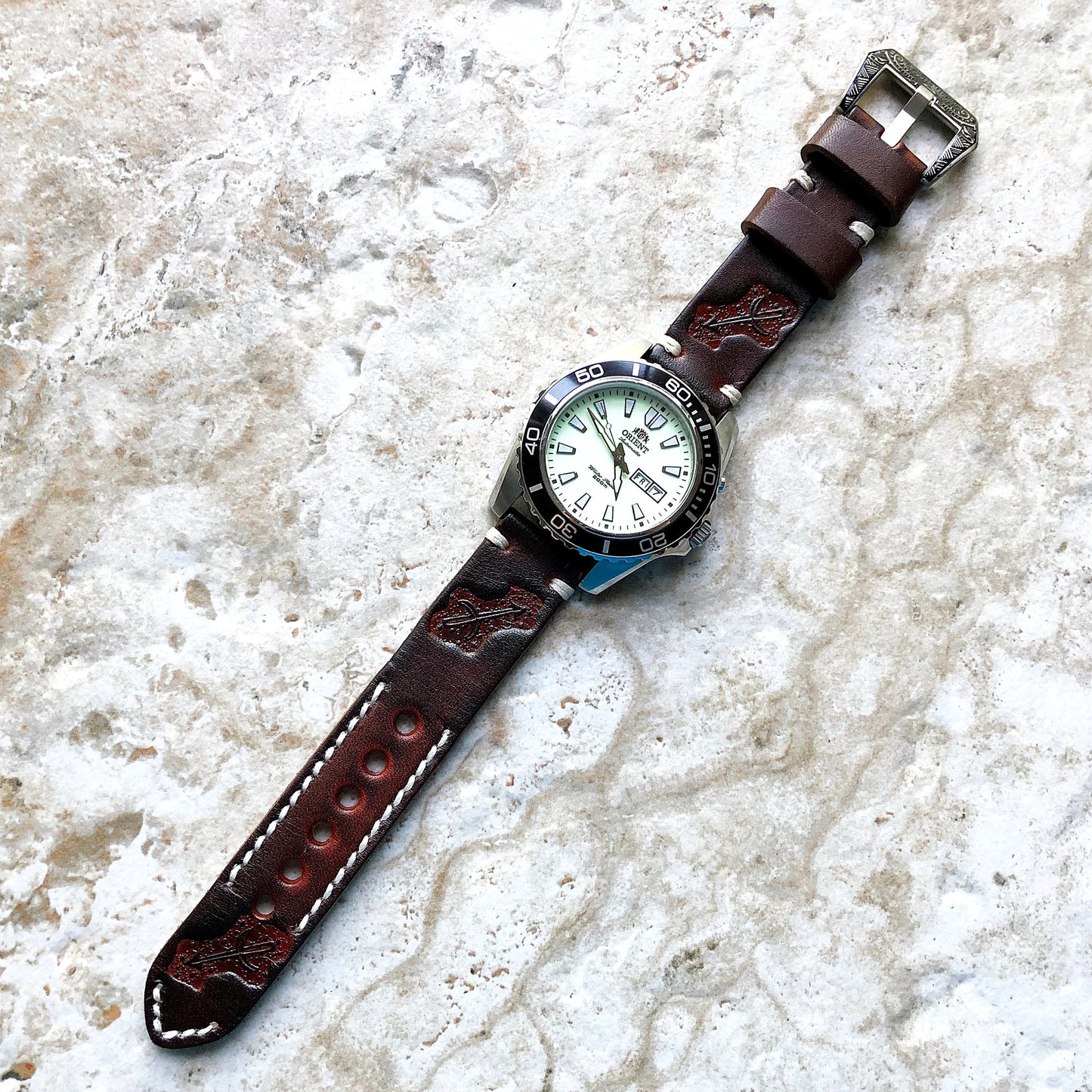 Sagittarius Zodiac Band 22mm 24mm 25mm Genuine Brown Leather Tooled Embossed Strap Bracelet Kit for Watches and 25" Pendants Necklace