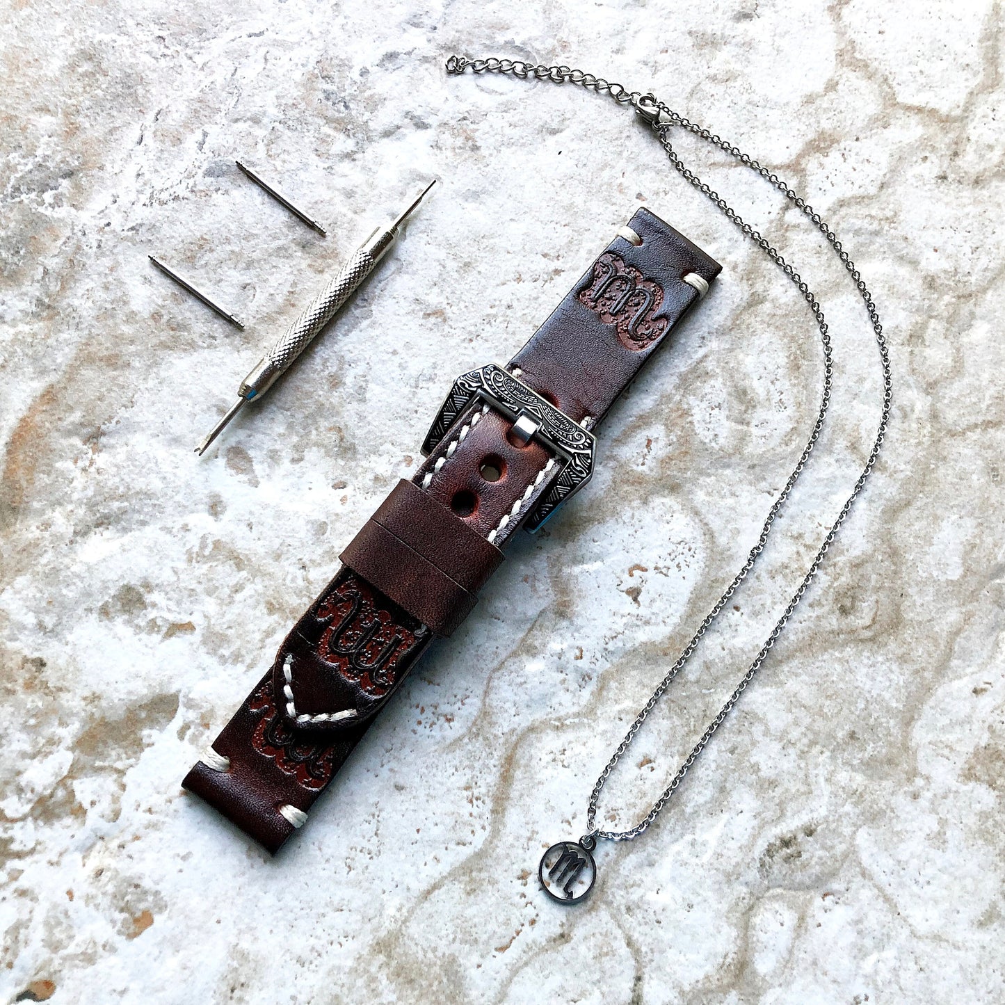 Scorpio Zodiac Band 22mm 24mm 25mm Genuine Brown Leather Tooled Embossed Handmade Strap Bracelet Kit for Watches and 25" Pendants Necklace