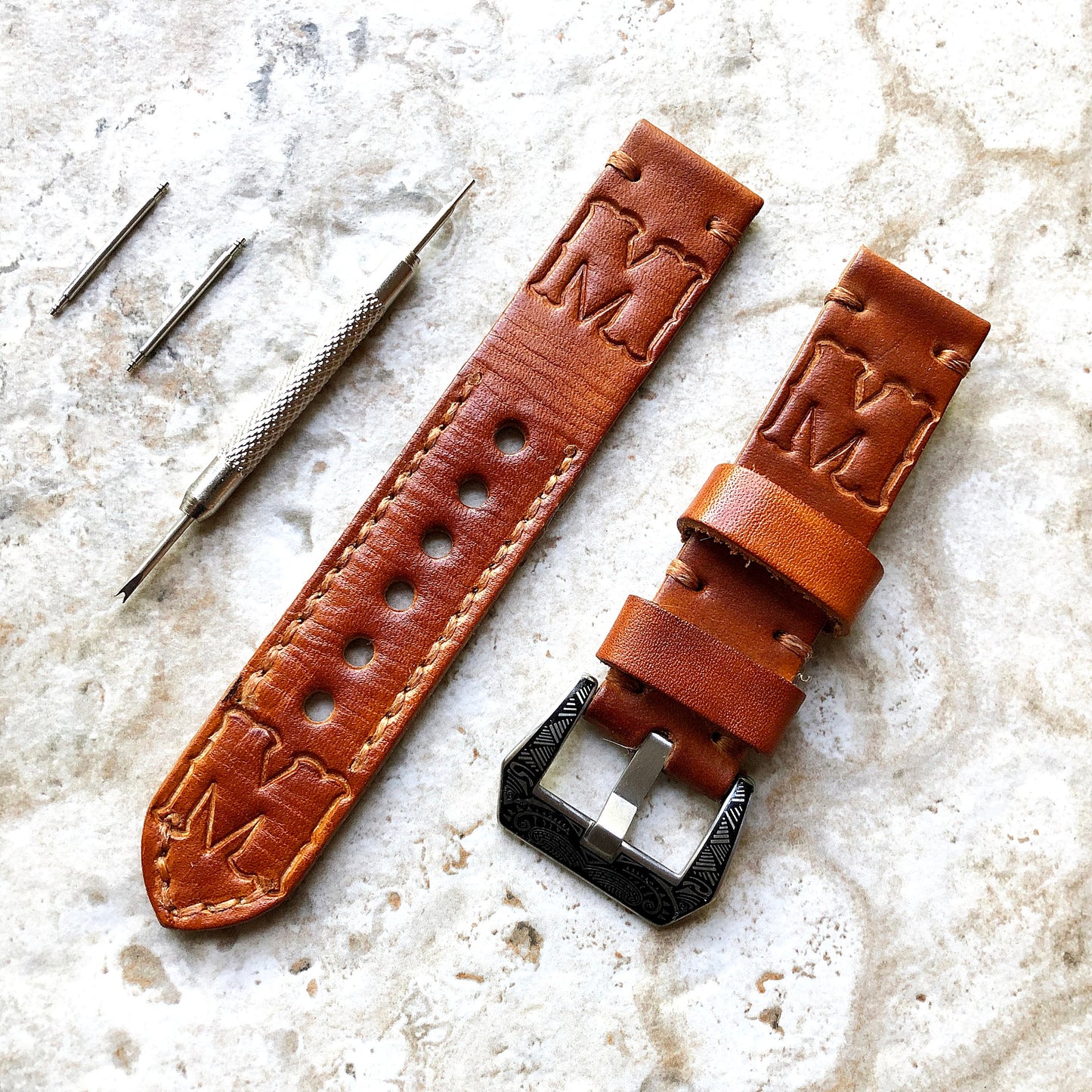 Handmade Customizable Band 22mm 24mm 25mm Medium Brown Genuine Leather Tooled Embossed Strap Bracelet Kit for Watches - Pins Buckle Tool
