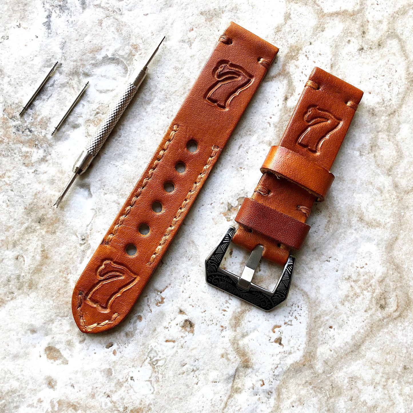 Handmade Customizable Band 22mm 24mm 25mm Medium Brown Genuine Leather Tooled Embossed Strap Bracelet Kit for Watches - Pins Buckle Tool