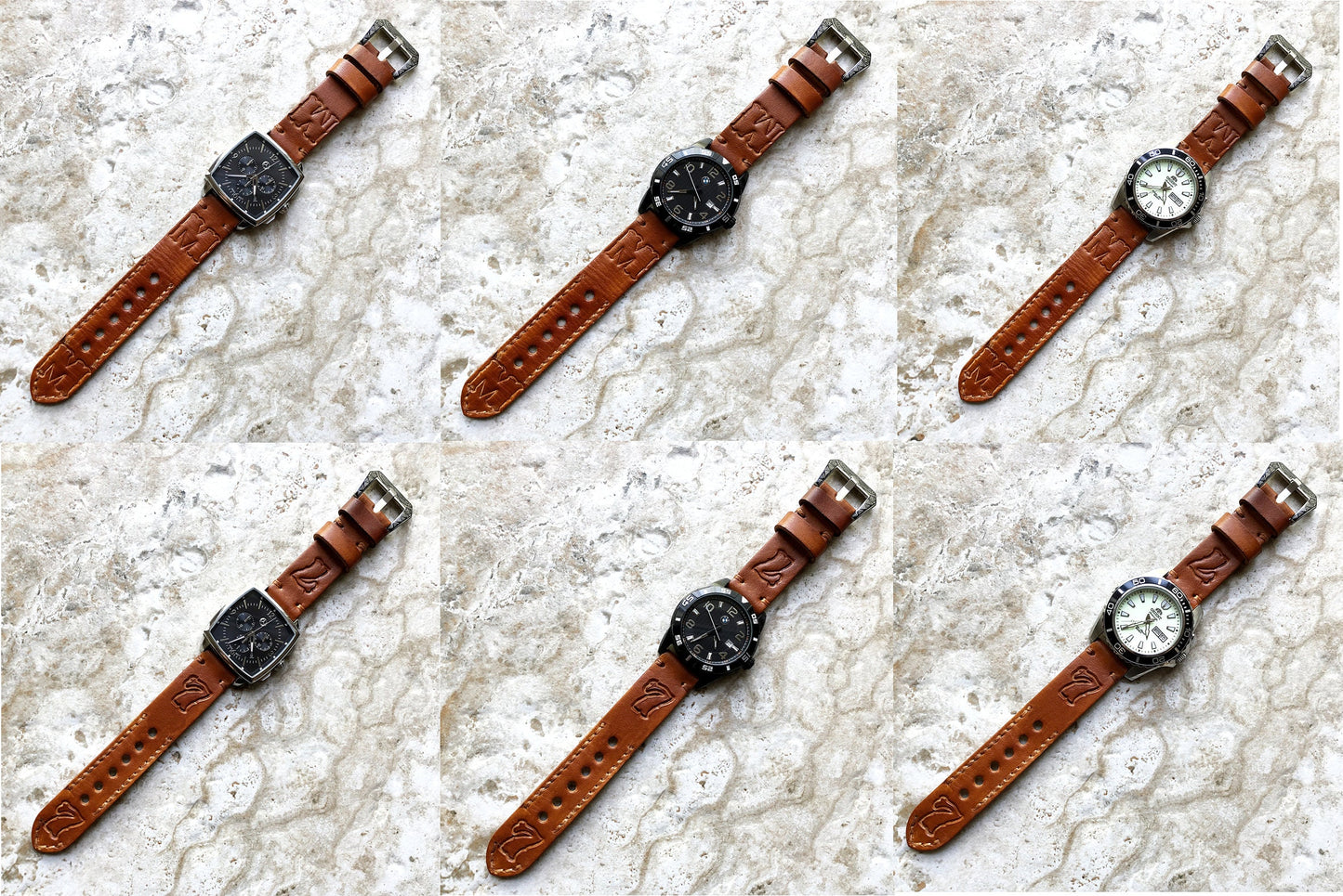 Handmade Customizable Band 22mm 24mm 25mm Medium Brown Genuine Leather Tooled Embossed Strap Bracelet Kit for Watches - Pins Buckle Tool