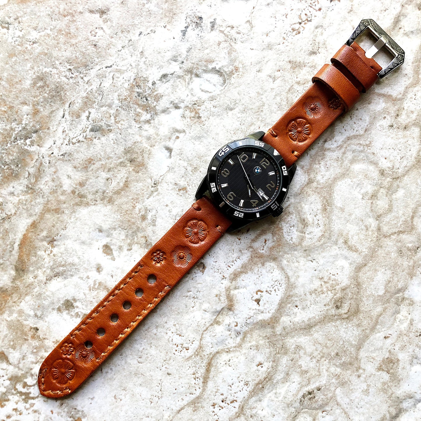 Garmin Flowers Brown Leather Band for Forerunner 745 265 255 Venu 3 2 Darth Vader Avenger Vivoactive 4 Tooled Embossed Strap Pins Tool B22