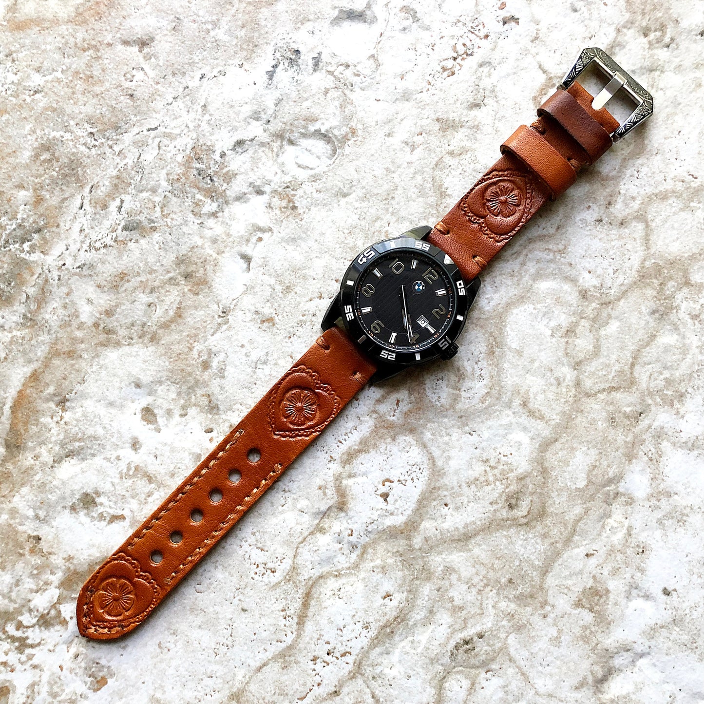 Garmin Heart and Flower Brown Leather Band for Forerunner 745 265 255 Venu 3 2 Darth Vader First Avenger Vivoactive 4 Embossed Strap B22