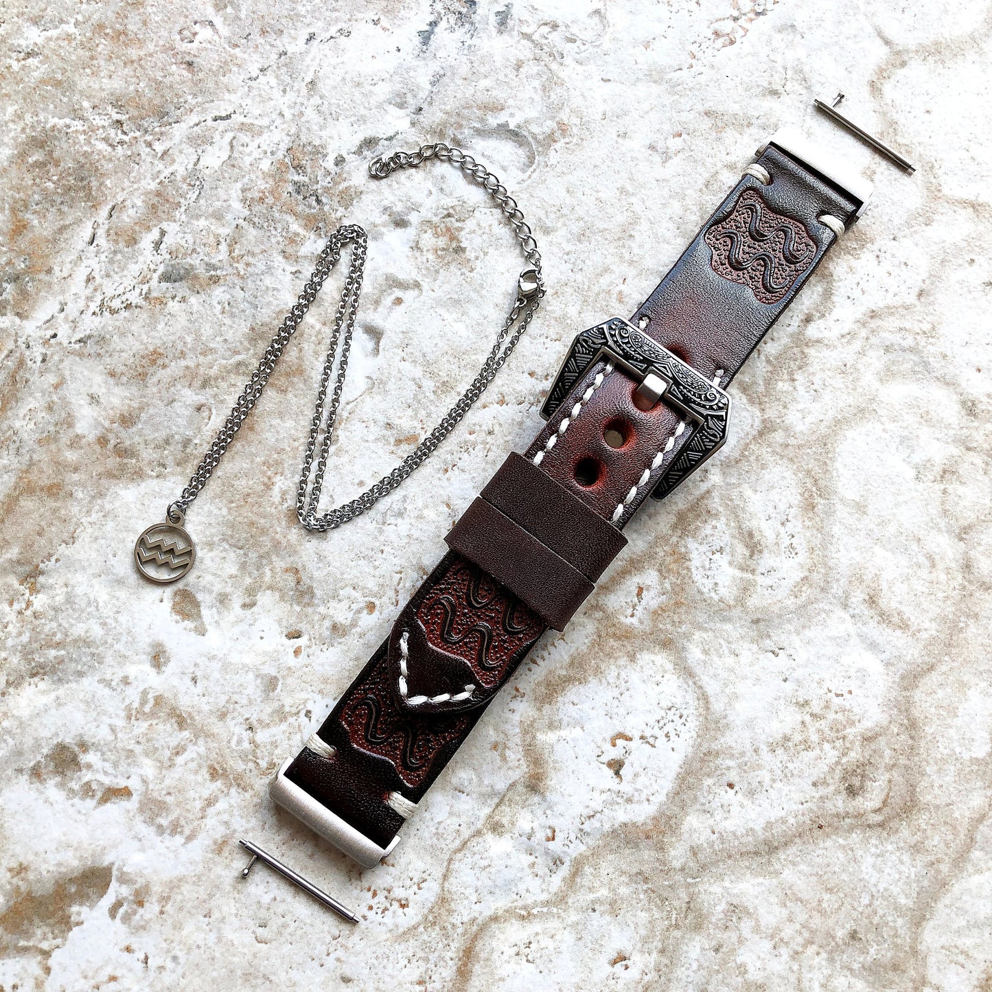 Fitbit Versa 2 3 4 Sense 2 Aquarius Zodiac Set Band Strap Brown Tooled Embossed Leather in Silver Rose Gold Black and 25" Pendants Necklace