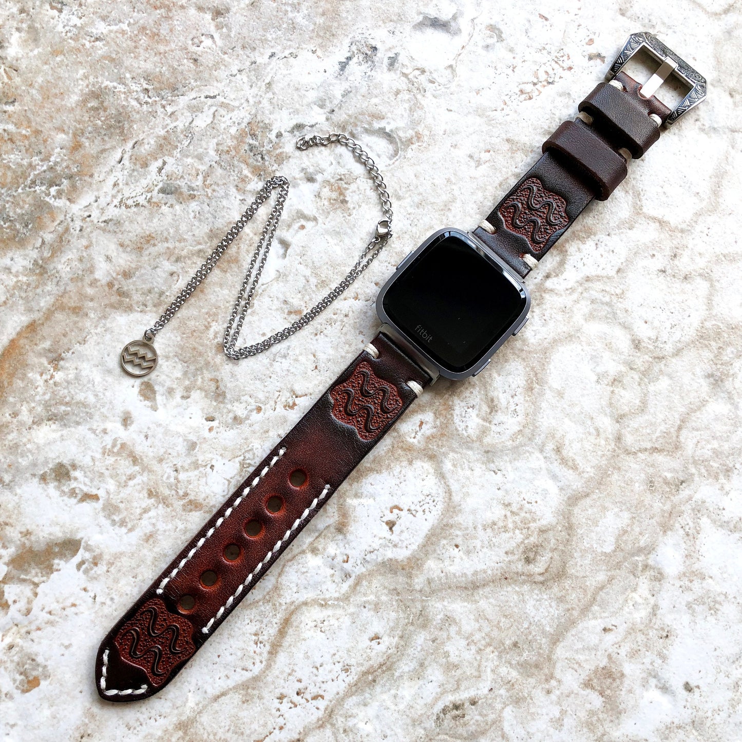 Fitbit Versa 2 3 4 Sense 2 Aquarius Zodiac Set Band Strap Brown Tooled Embossed Leather in Silver Rose Gold Black and 25" Pendants Necklace