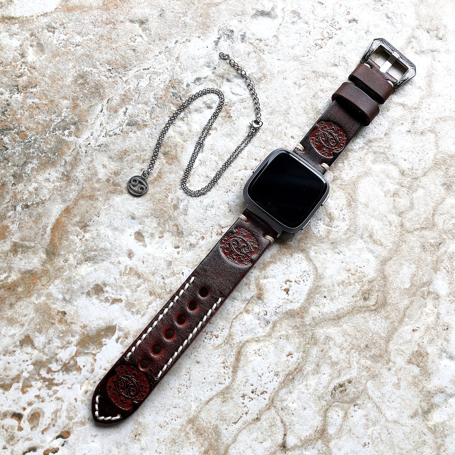 Fitbit Versa 2 3 4 Sense 2 Cancer Zodiac Set Band Strap Brown Tooled Embossed Leather in Silver Rose Gold Black and 25" Pendants Necklace