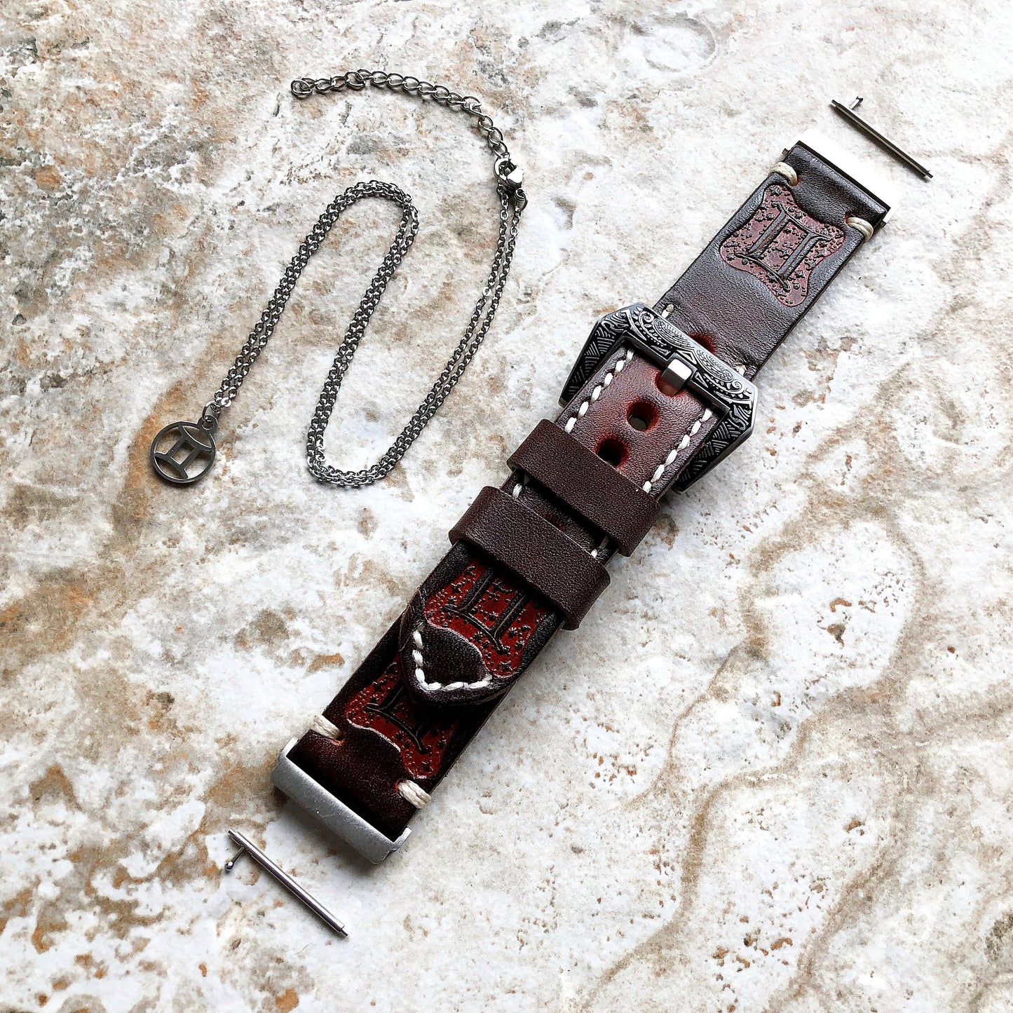 Fitbit Versa 2 3 4 Sense 2 Gemini Zodiac Set Band Strap Brown Tooled Embossed Leather in Silver Rose Gold Black and 25" Pendants Necklace