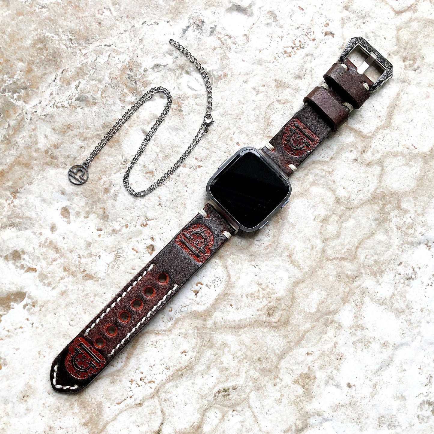 Fitbit Versa 2 3 4 Sense 2 Libra Zodiac Set Band Strap Brown Tooled Embossed Leather in Silver Rose Gold Black and 25" Pendants Necklace
