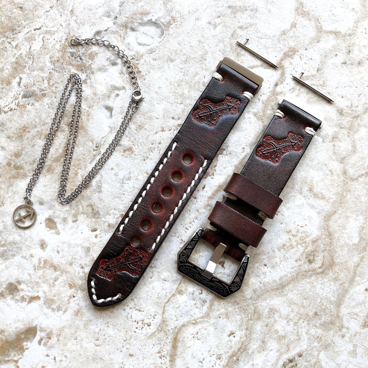 Fitbit Versa 2 3 4 Sense 2 Sagittarius Zodiac Set Band Strap Brown Tooled Embossed Leather in Silver Rose Gold Black 25" Pendants Necklace