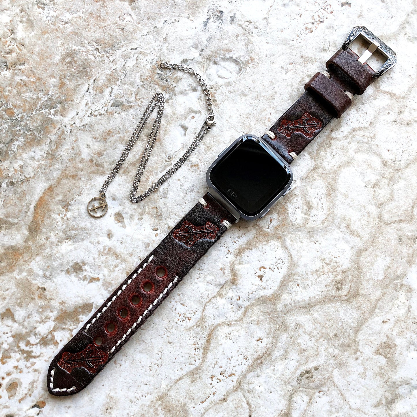 Fitbit Versa 2 3 4 Sense 2 Sagittarius Zodiac Set Band Strap Brown Tooled Embossed Leather in Silver Rose Gold Black 25" Pendants Necklace