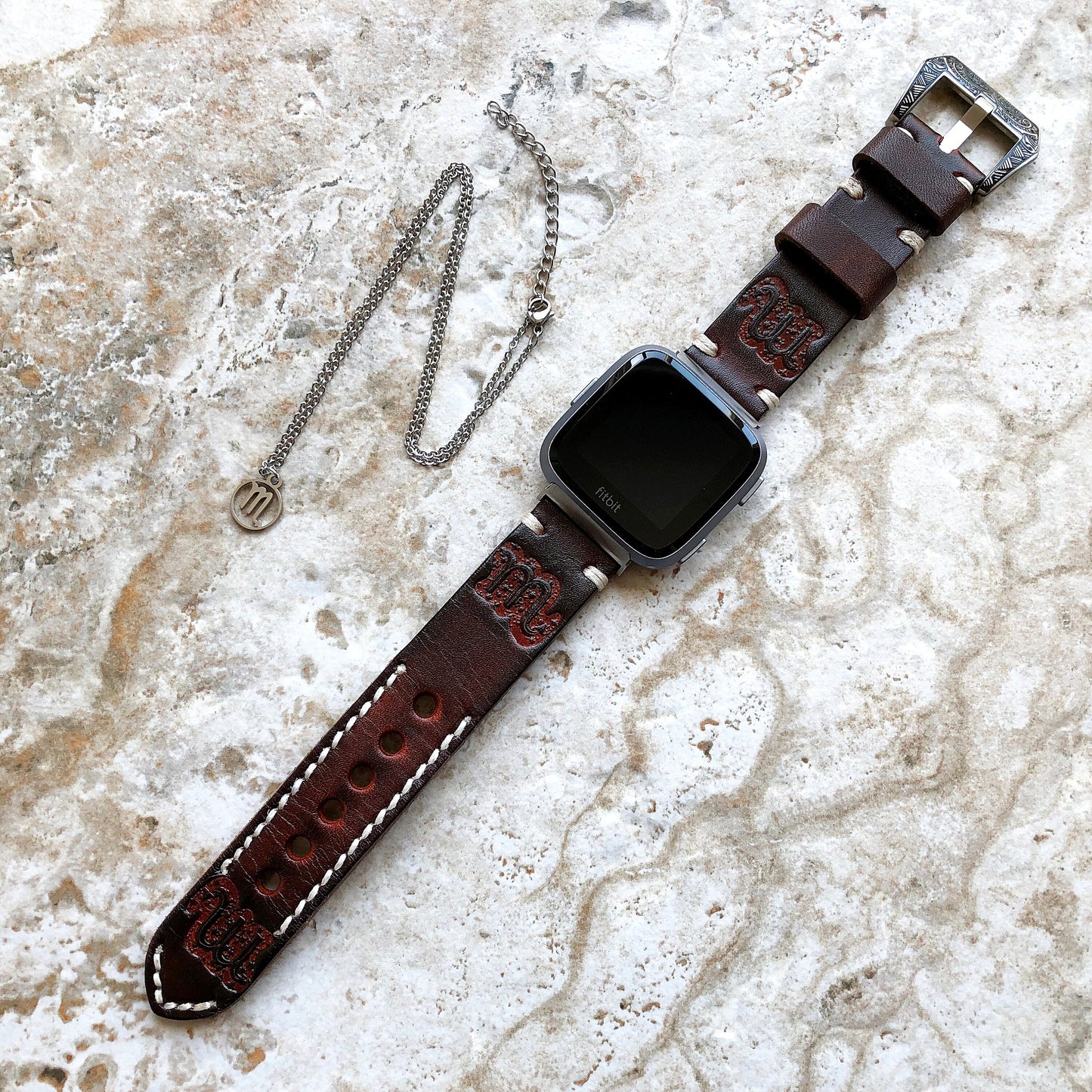 Fitbit Versa 2 3 4 Sense 2 Scorpio Zodiac Set Band Strap Brown Tooled Embossed Leather in Silver Rose Gold Black and 25" Pendants Necklace