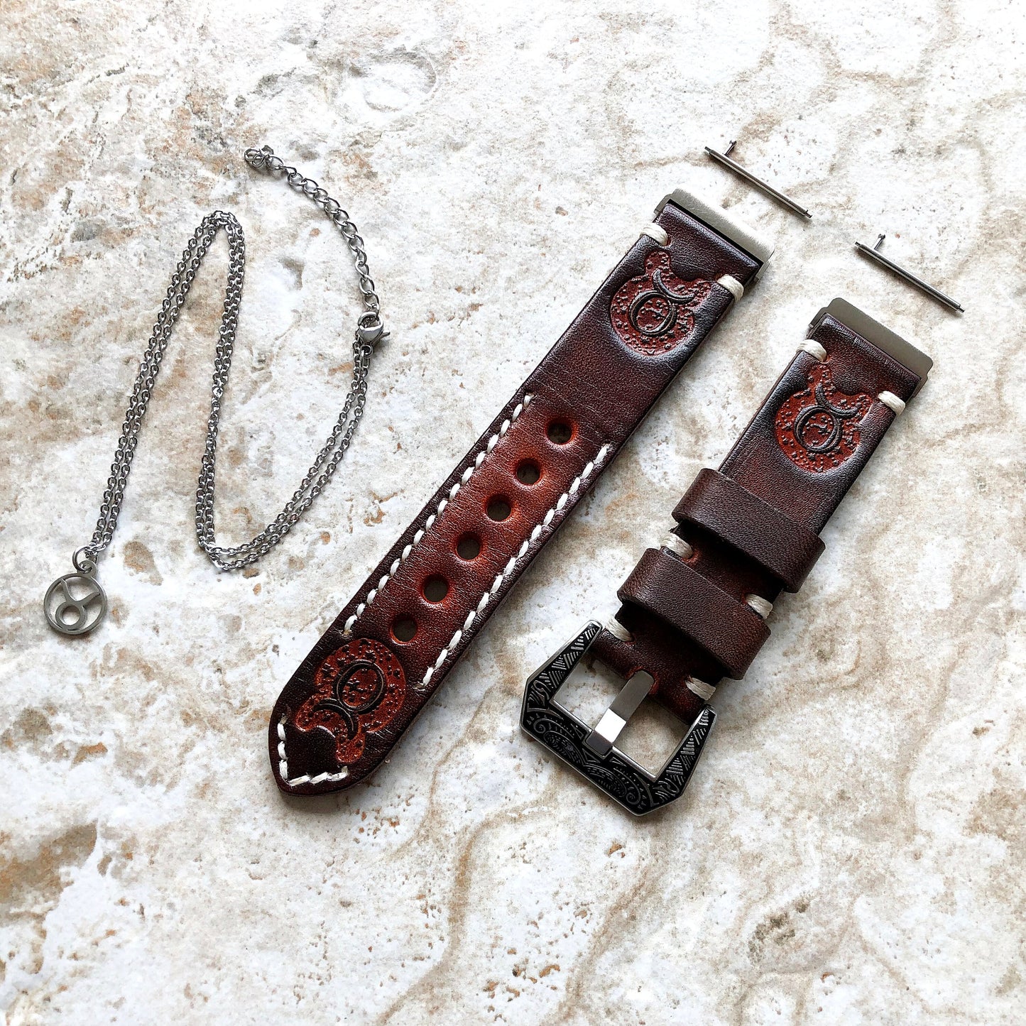 Fitbit Versa 2 3 4 Sense 2 Taurus Zodiac Set Band Strap Brown Tooled Embossed Leather in Silver Rose Gold Black and 25" Pendants Necklace