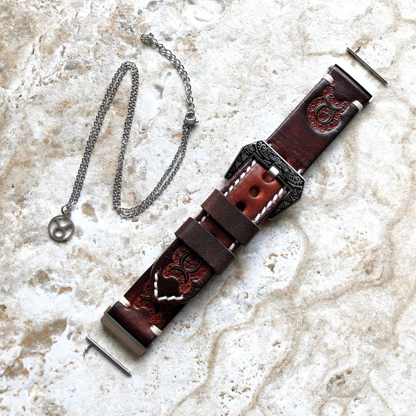 Fitbit Versa 2 3 4 Sense 2 Taurus Zodiac Set Band Strap Brown Tooled Embossed Leather in Silver Rose Gold Black and 25" Pendants Necklace