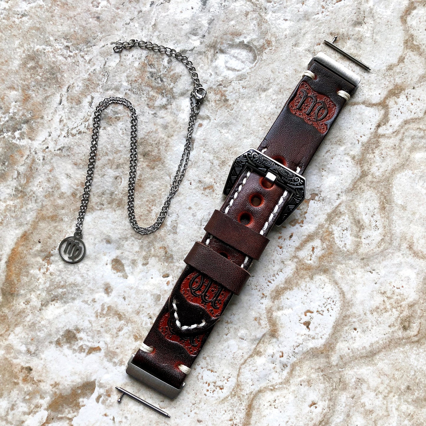 Fitbit Versa 2 3 4 Sense 2 Virgo Zodiac Set Band Strap Brown Tooled Embossed Leather in Silver Rose Gold Black and 25" Pendants Necklace