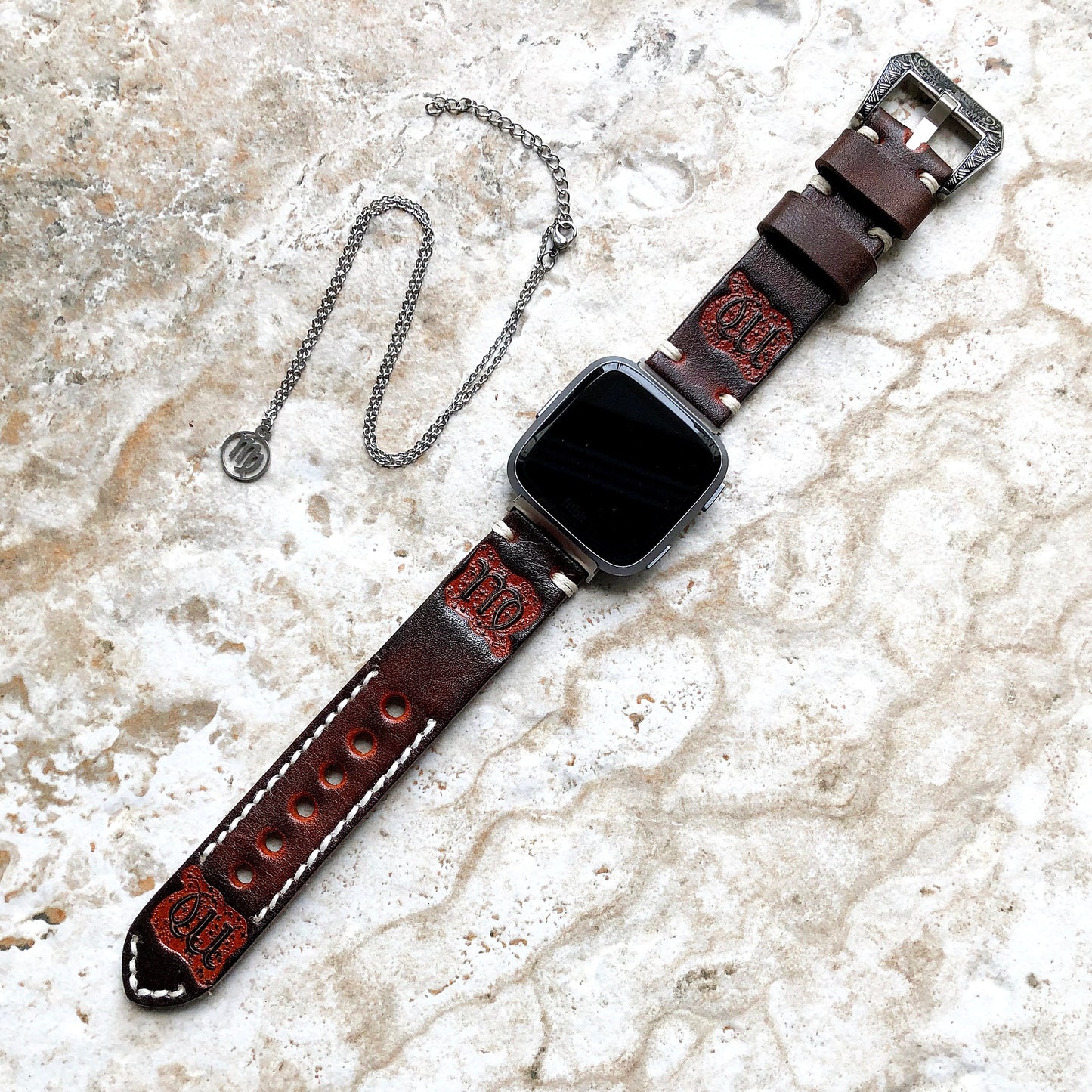 Fitbit Versa 2 3 4 Sense 2 Virgo Zodiac Set Band Strap Brown Tooled Embossed Leather in Silver Rose Gold Black and 25" Pendants Necklace