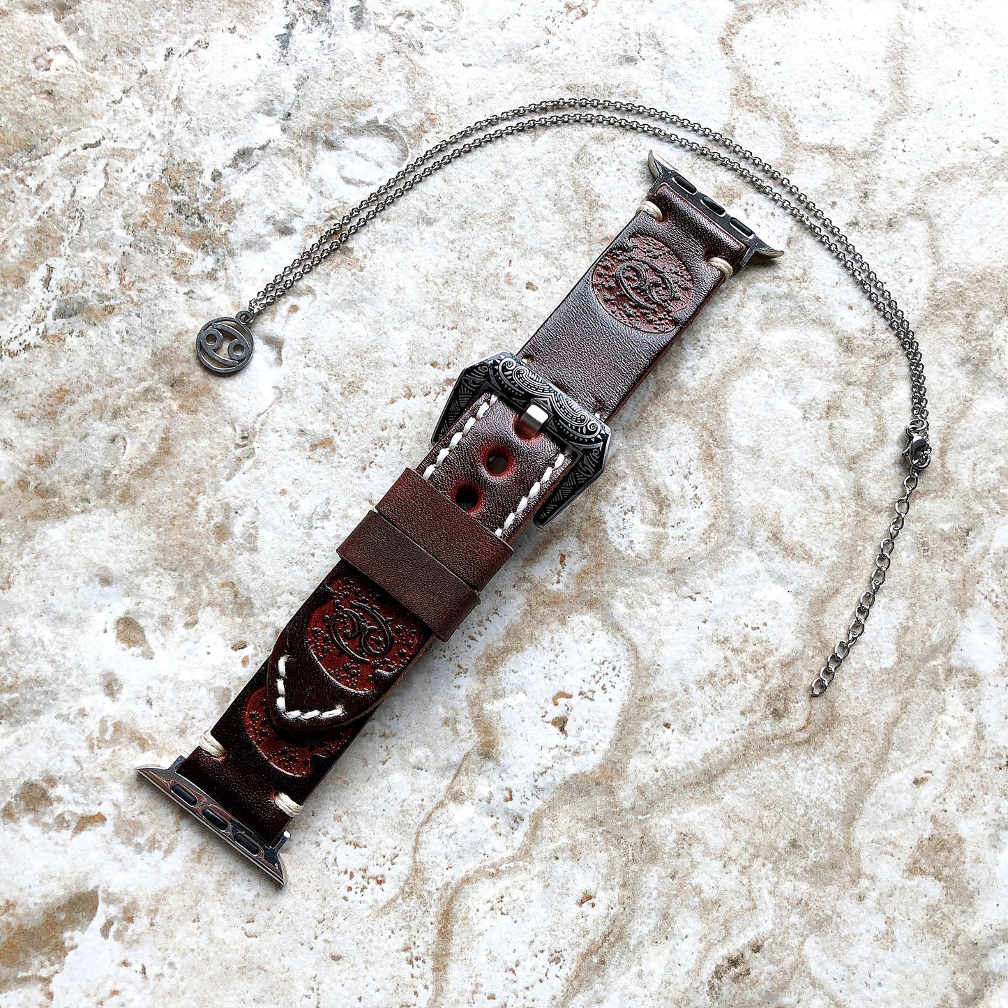 Apple Watch Cancer Zodiac Band Set for iWatch Ultra 2 49mm and 9 8 Series 41mm 45mm Case Brown Leather Tooled Embossed Strap and Necklace