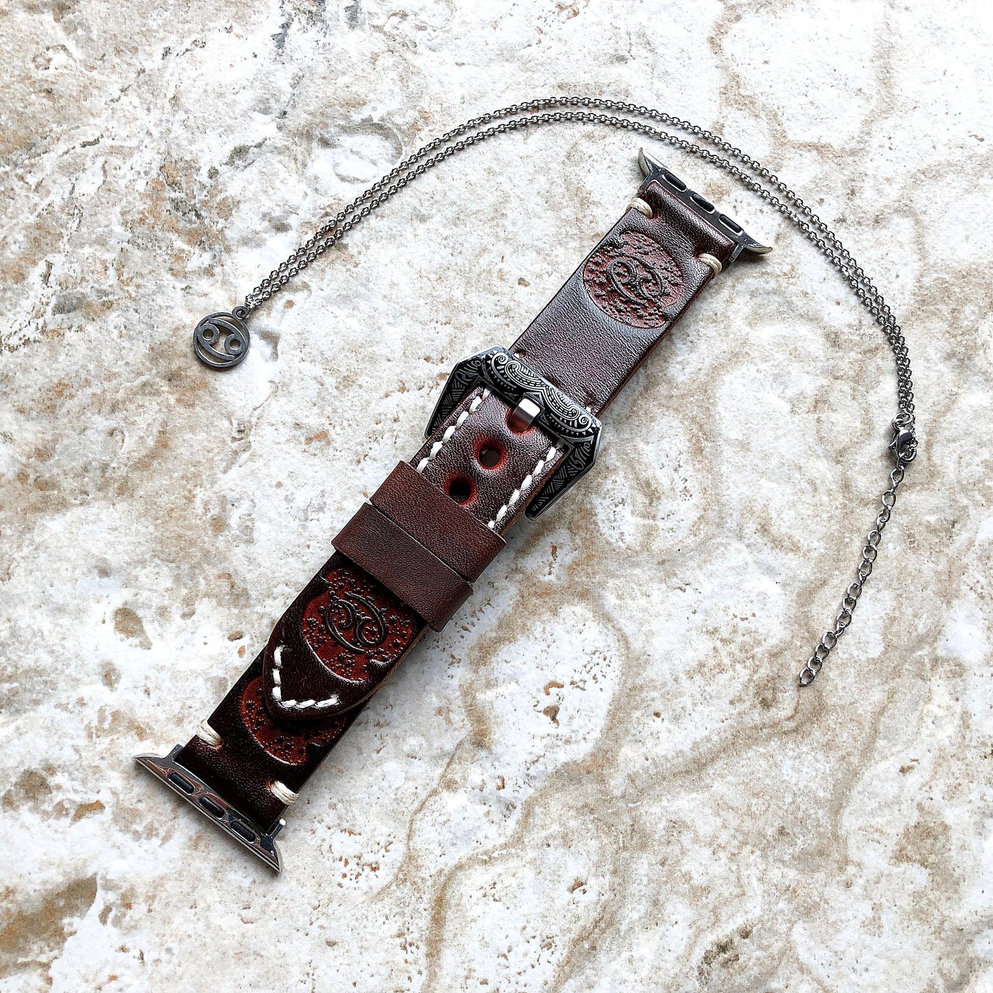 Apple Watch Cancer Zodiac Band Set for Ultra 2 9 8 7 SE 6 5 4 3 2 1 38mm 40mm 41mm 42mm 44mm 45mm 49mm Brown Leather Embossed Strap Necklace