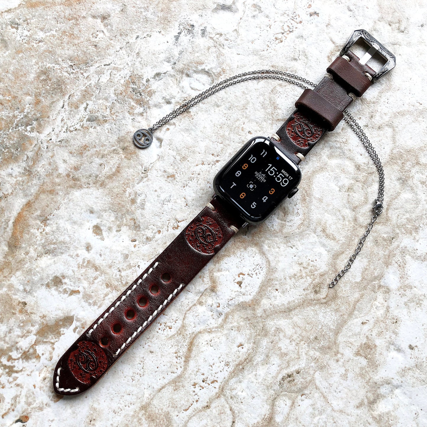 Apple Watch Cancer Zodiac Band Set for iWatch Ultra 2 49mm and 9 8 Series 41mm 45mm Case Brown Leather Tooled Embossed Strap and Necklace